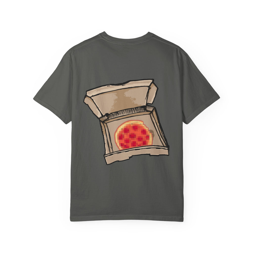 Freaky Features Robo Bobo t-shirt, front shows cybernetic robot skull with exposed brain and glowing eyes, back shows open pizza box with 8-bit pixel pepperoni pizza

