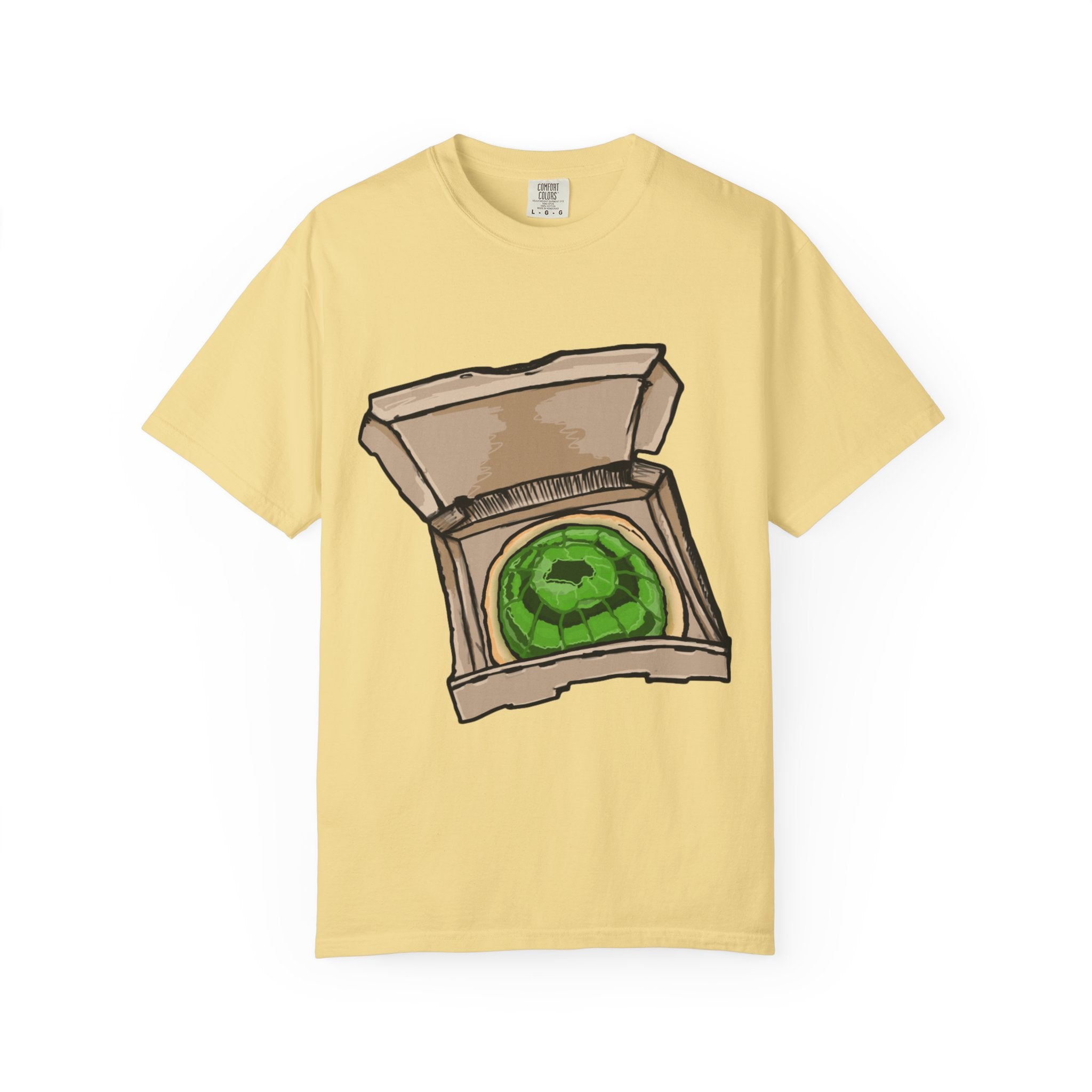Hand-drawn jelly pizza box t-shirt showing open pizza box with green wobbly jelly pizza from PizzaBytes collection

