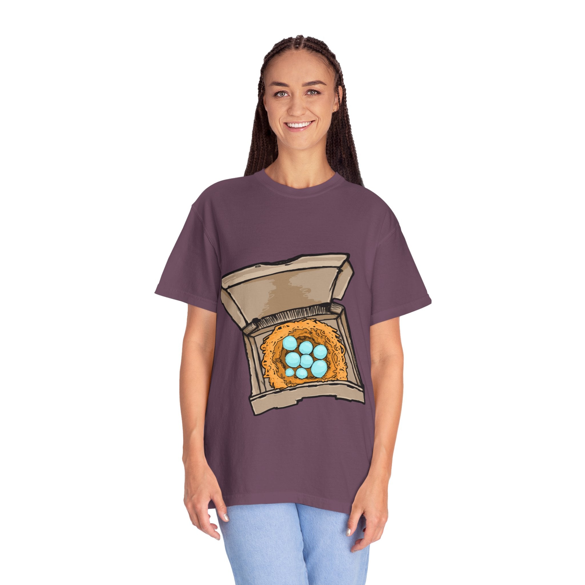 Hand-drawn bird nest pizza box t-shirt showing open pizza box with a straw nest and blue eggs from PizzaBytes collection

