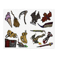 Freaky Features Sticker Sheet Set #4, transparent die-cut sheet with 14 hand-drawn weapons and creatures including ice cream cone, witch broom, skeletal scythe, bat-winged hellbeast, cursed tome and more

