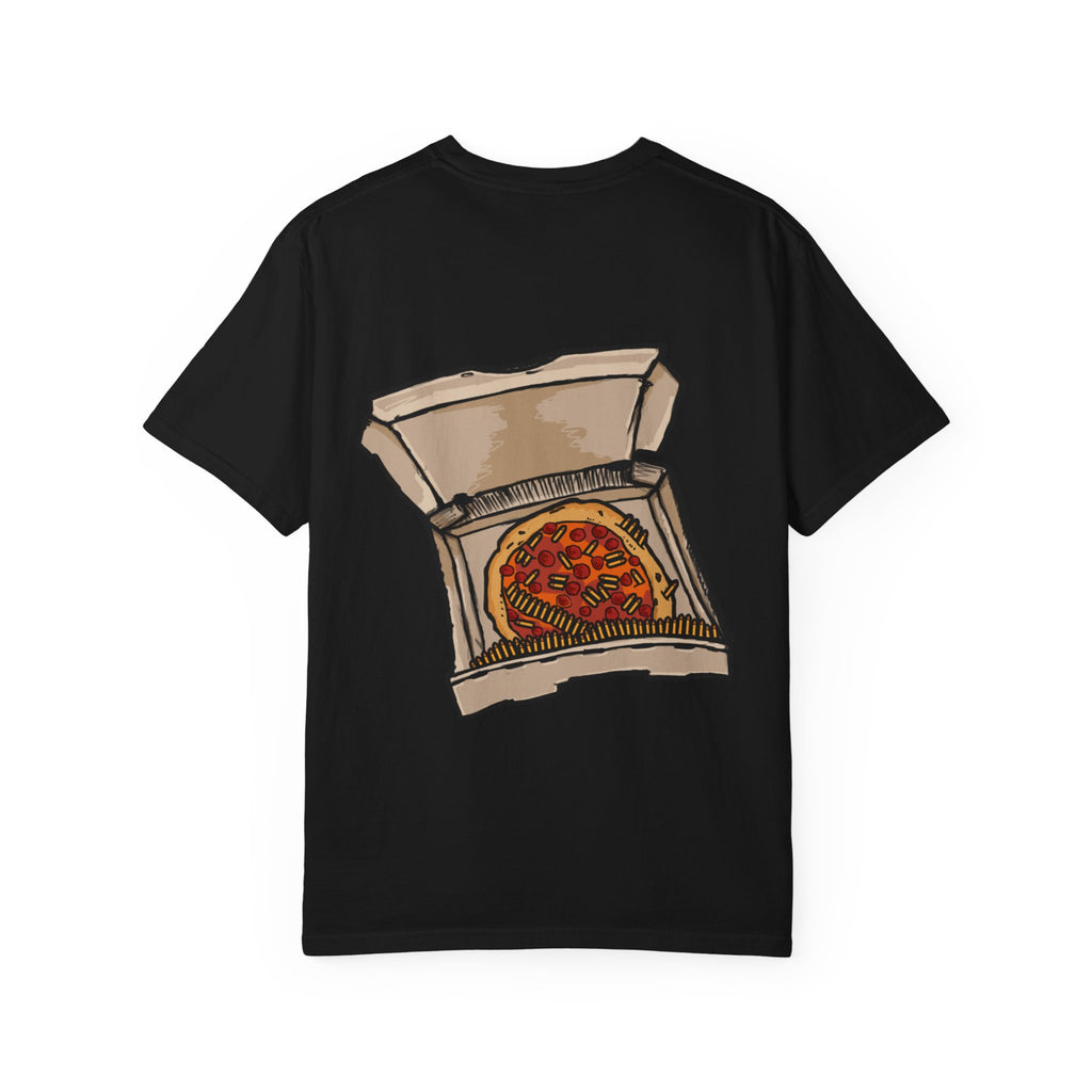 Freaky Features Flaming Skull t-shirt, front shows flaming skull with hypnotic eyes and chili nose, back shows open pizza box with loaded pepperoni pizza
