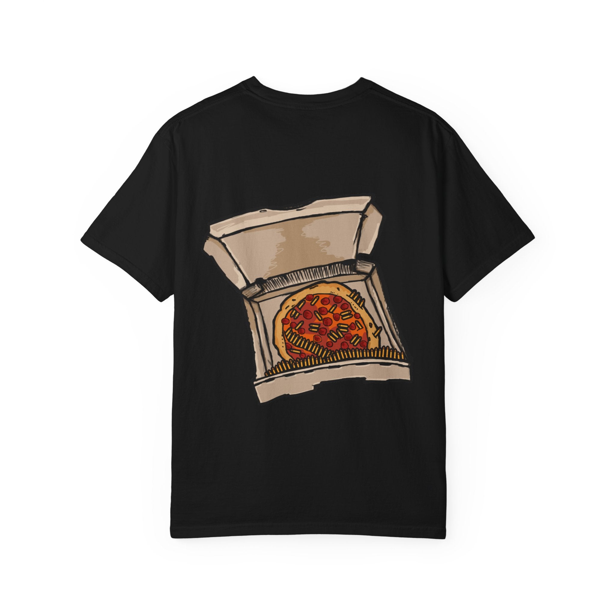 Freaky Features Flaming Skull t-shirt, front shows flaming skull with hypnotic eyes and chili nose, back shows open pizza box with loaded pepperoni pizza

