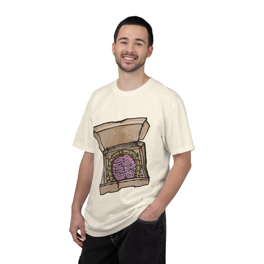 Hand-drawn brain pizza box t-shirt showing open pizza box with a detailed human brain pizza from PizzaBytes collection

