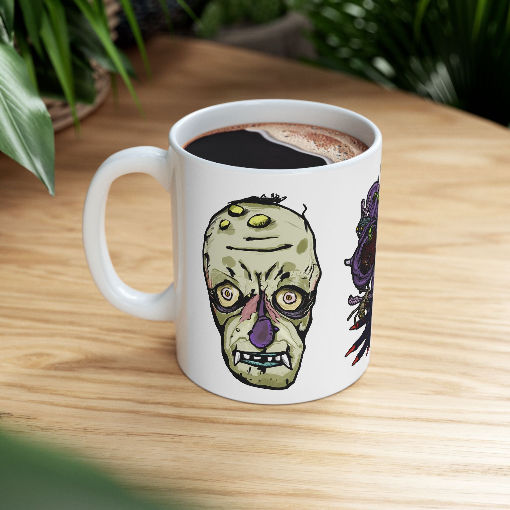 Freaky Features Gremlin Alien Robot mug showing three monster designs: wild-haired gremlin, purple alien swarm, and cybernetic robot skull with exposed brain on white ceramic mug

