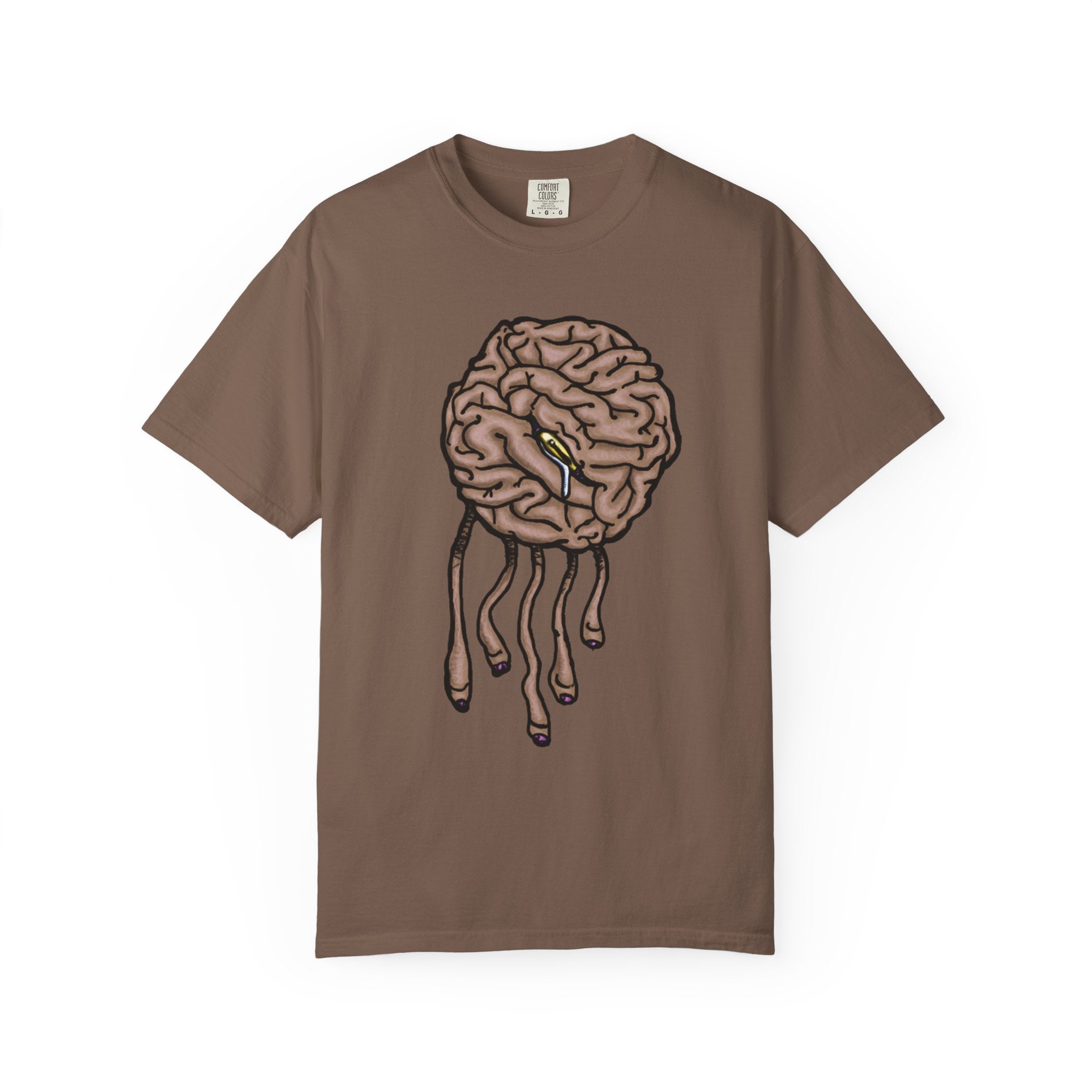 Freaky Features Sad Brian t-shirt, front shows a sad dripping brain monster with tentacles, back shows an open pizza box with half-eaten cake dripping


