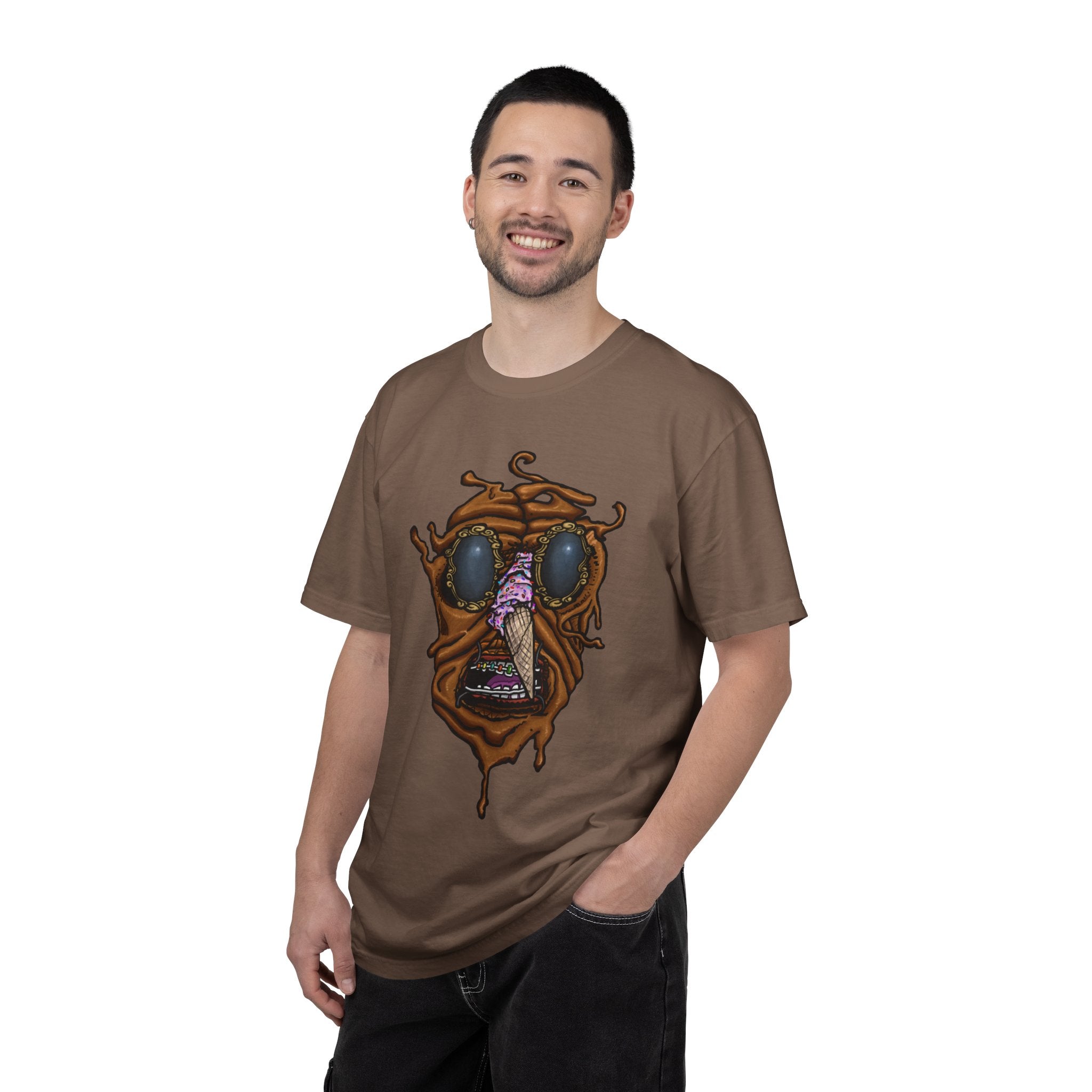 Freaky Features Sandi t-shirt, front shows melting chocolate monster head with ice cream cone nose, back shows open pizza box with donut inside


