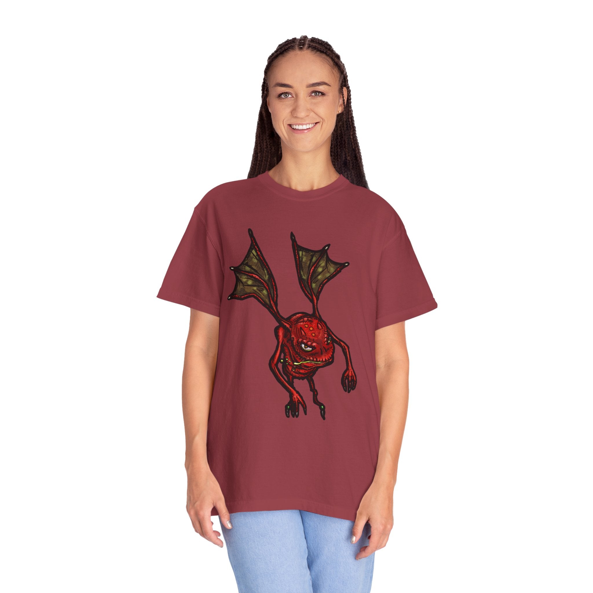 Freaky Features Fire Imp t-shirt, front shows a red bat-winged fire imp, back shows a monster-headed pizza box being raided by little red devils 
