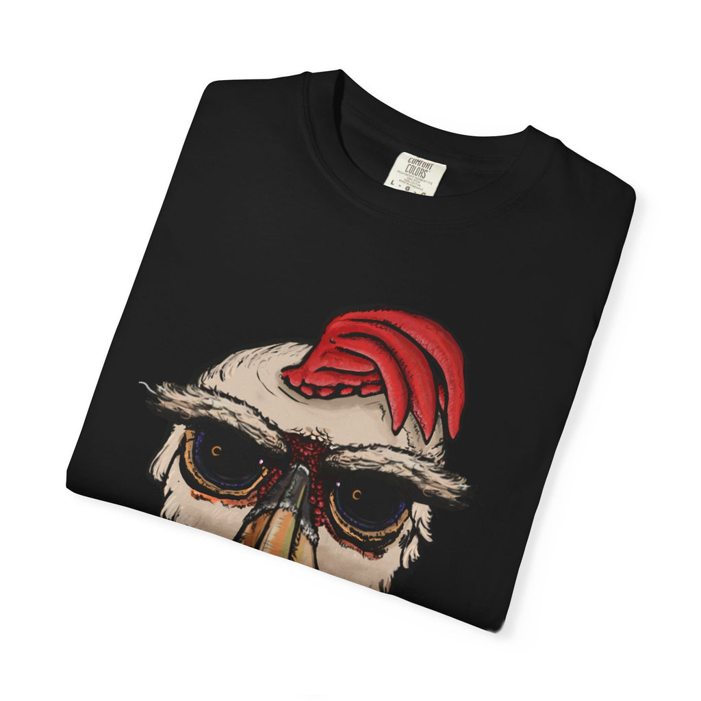 Freaky Features Paranoid Chicken t-shirt, front shows paranoid rooster head, back shows open pizza box with chocolate donut