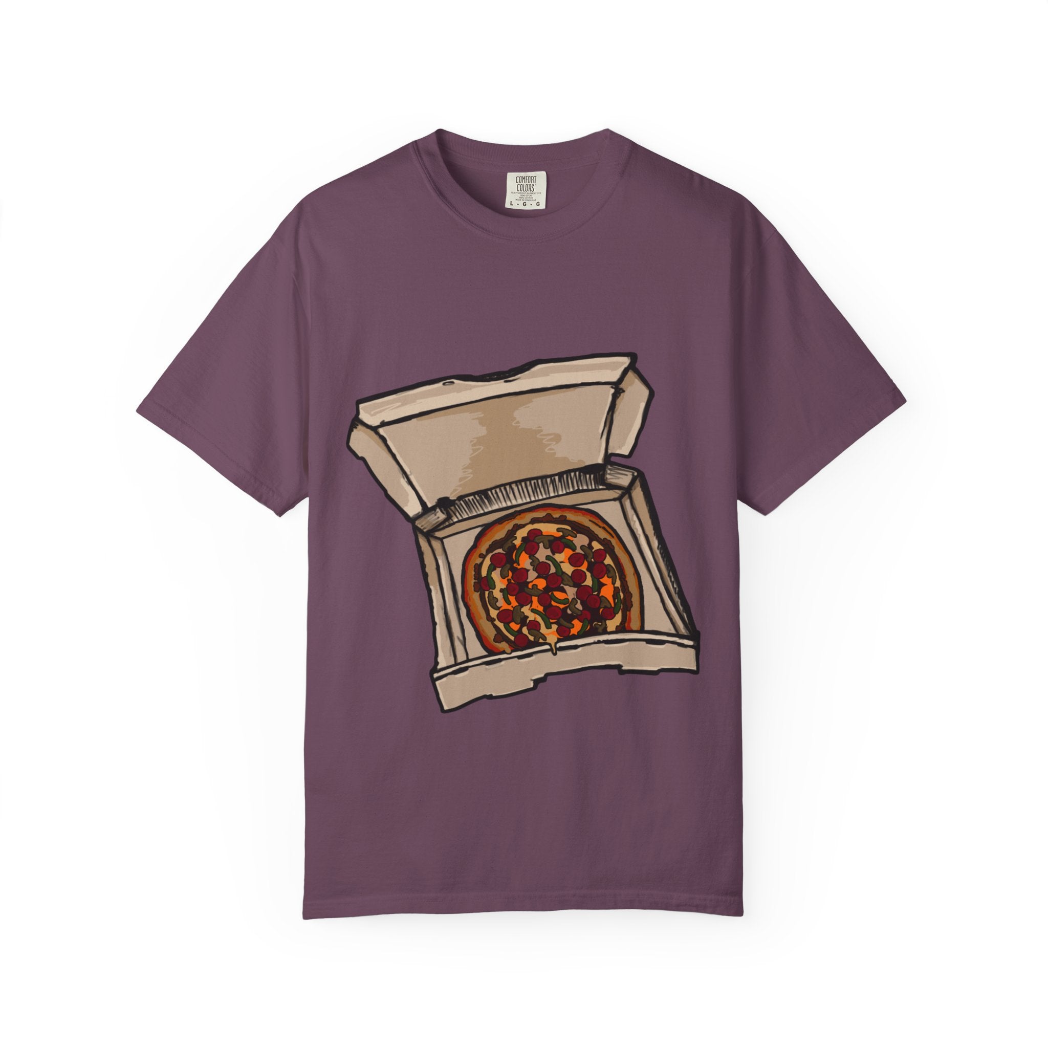 Hand-drawn pepperoni green pepper mushroom pizza box t-shirt showing open pizza box with pepperoni, green pepper and mushroom pizza from PizzaBytes collection

