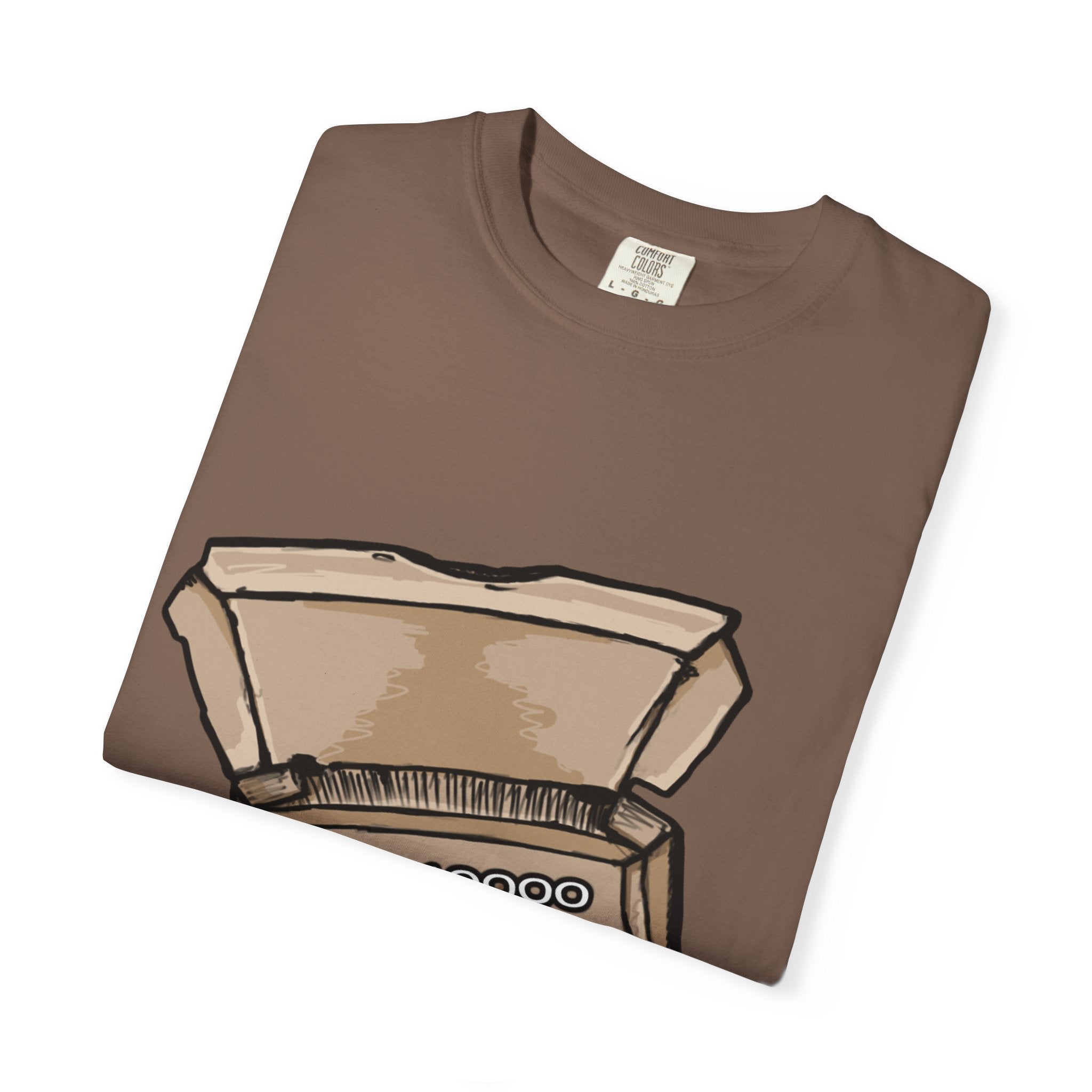 Hand-drawn binary pizza box t-shirt showing open pizza box filled with binary code 010101 from PizzaBytes collection

