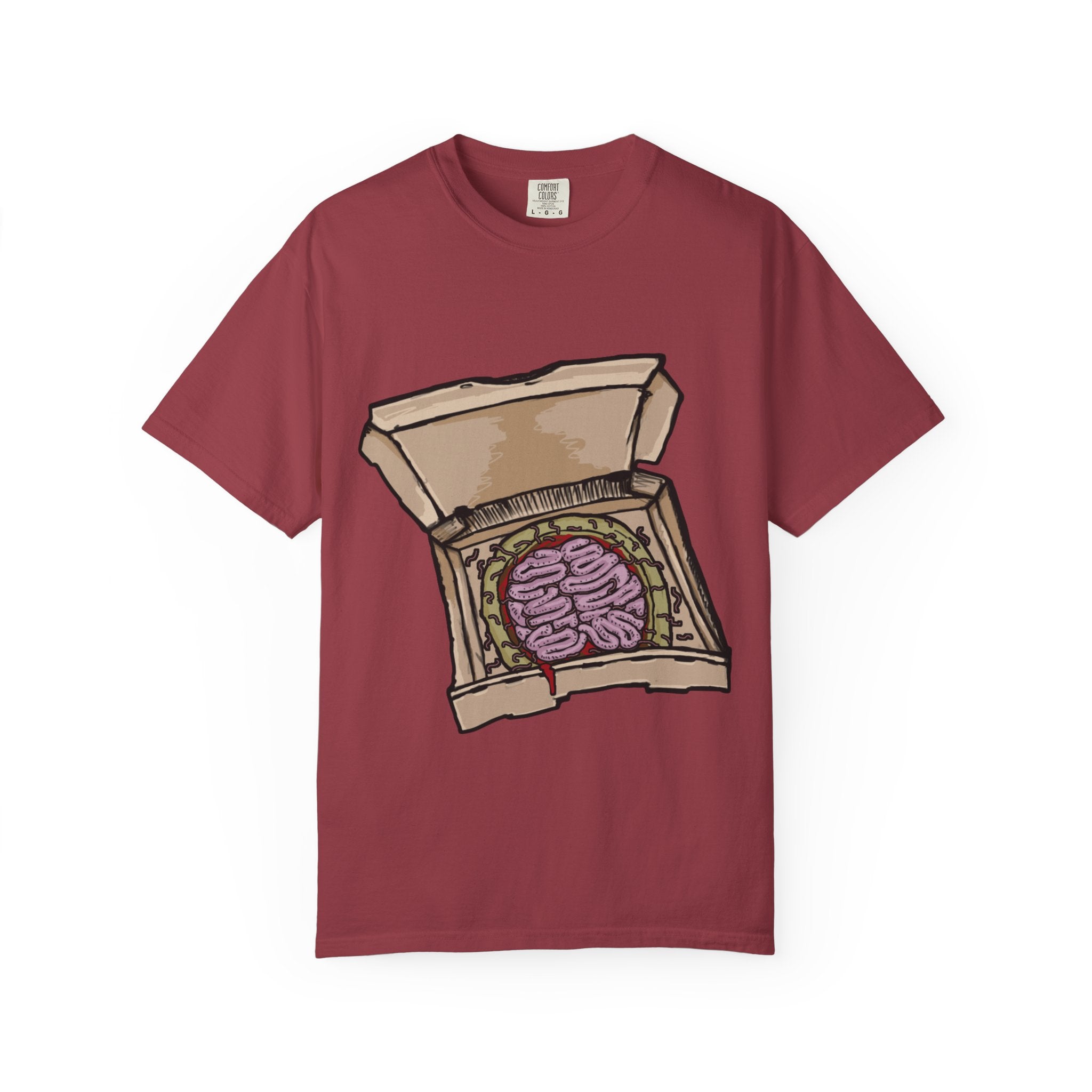 Hand-drawn brain pizza box t-shirt showing open pizza box with a detailed human brain pizza from PizzaBytes collection

