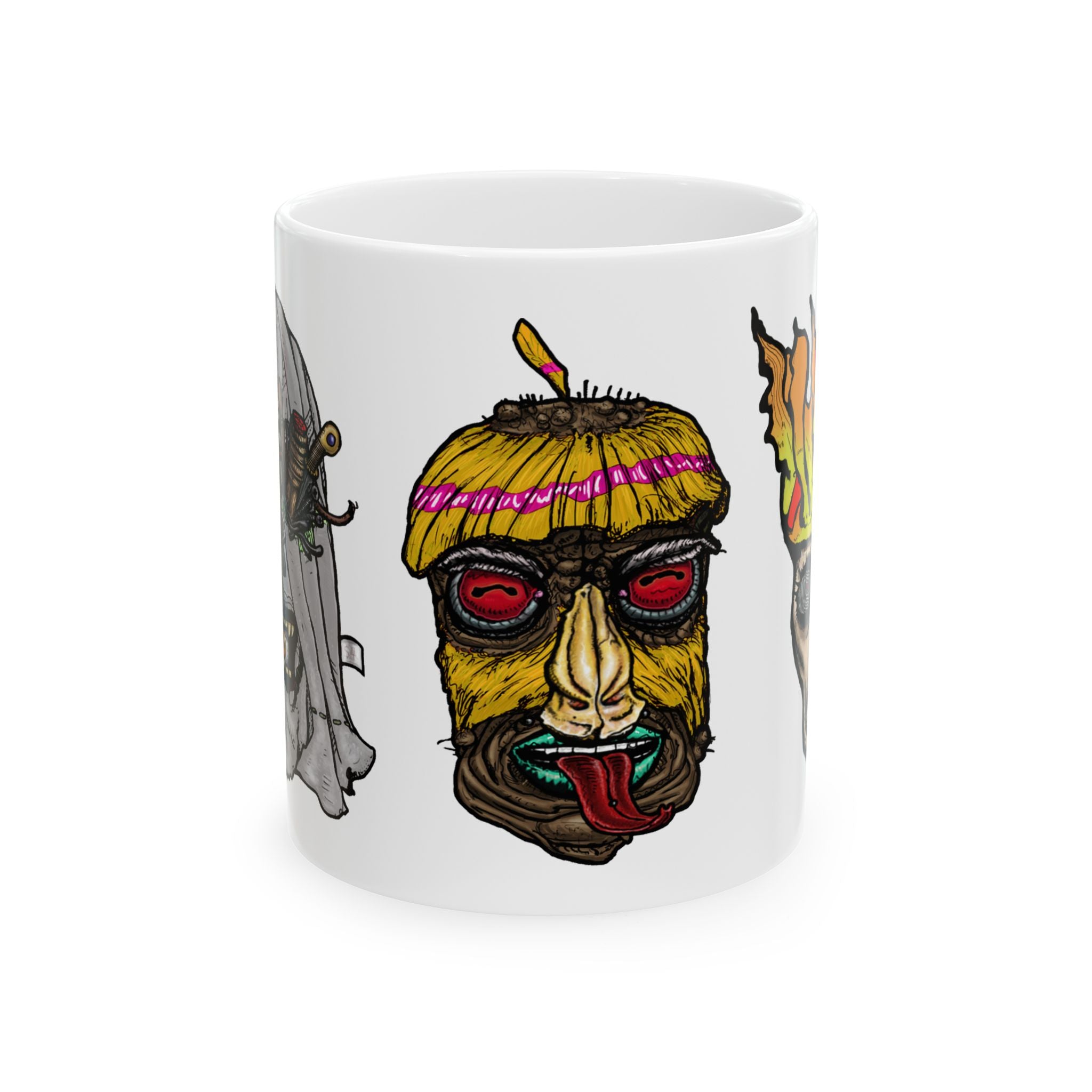 Freaky Features Ghost HorrorBird Flaming Skull mug showing three monster designs: creepy ghost with weapons, horror rooster, and flaming skull with chili nose on white ceramic mug


