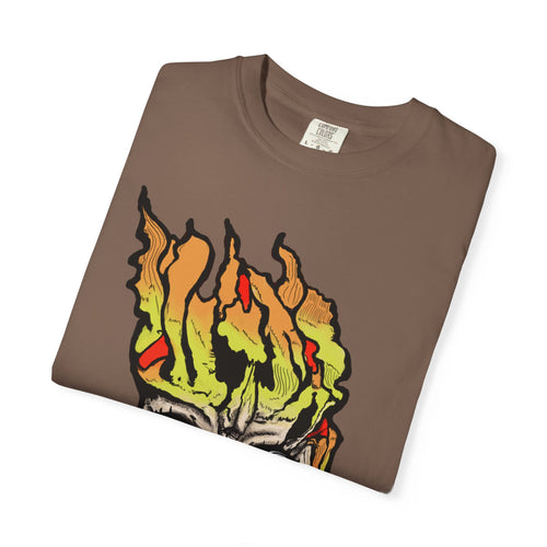 Freaky Features Flaming Skull t-shirt, front shows flaming skull with hypnotic eyes and chili nose, back shows open pizza box with loaded pepperoni pizza
