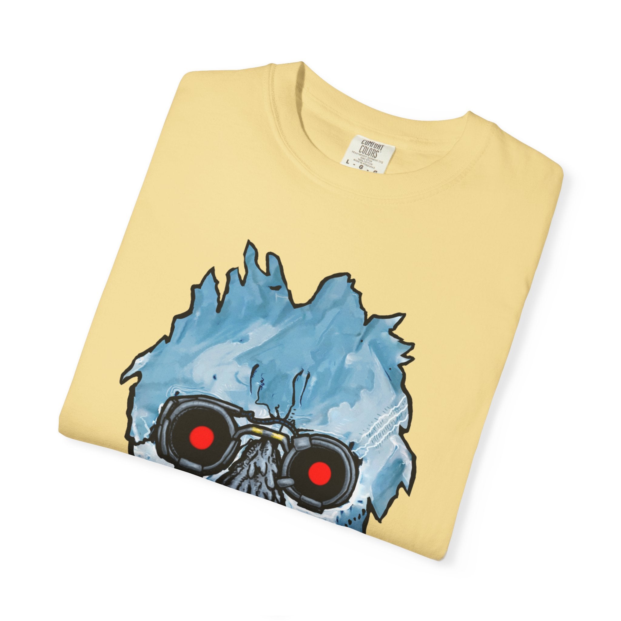 Freaky Features Iceman t-shirt, front shows frozen ice monster head with red goggles and fangs, back shows open pizza box with ice pizza inside

