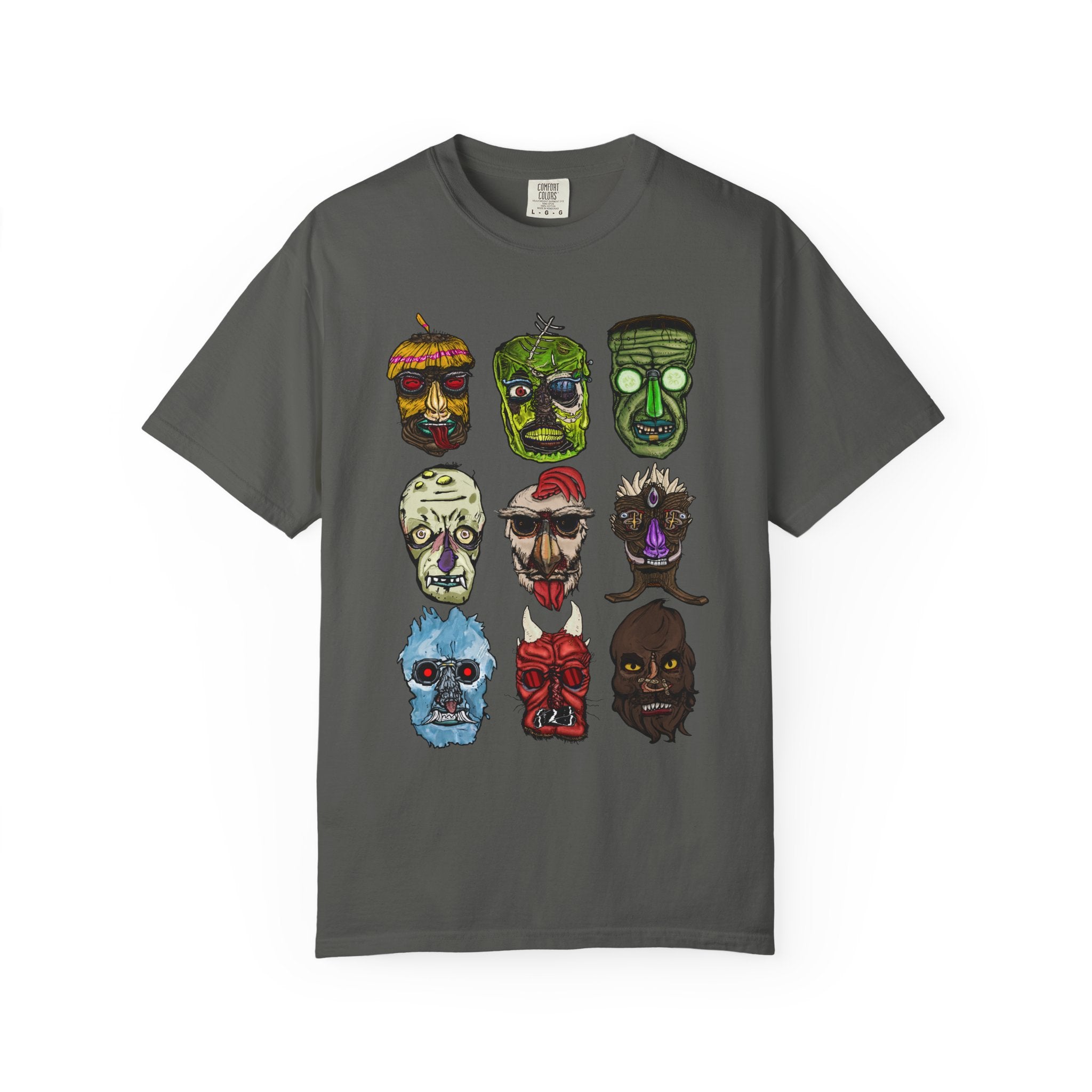 Freaky Features Collective #1 Mirrored t-shirt, front and back show mirrored 3x3 grids of hand-drawn monster heads from the Freaky Features collection


