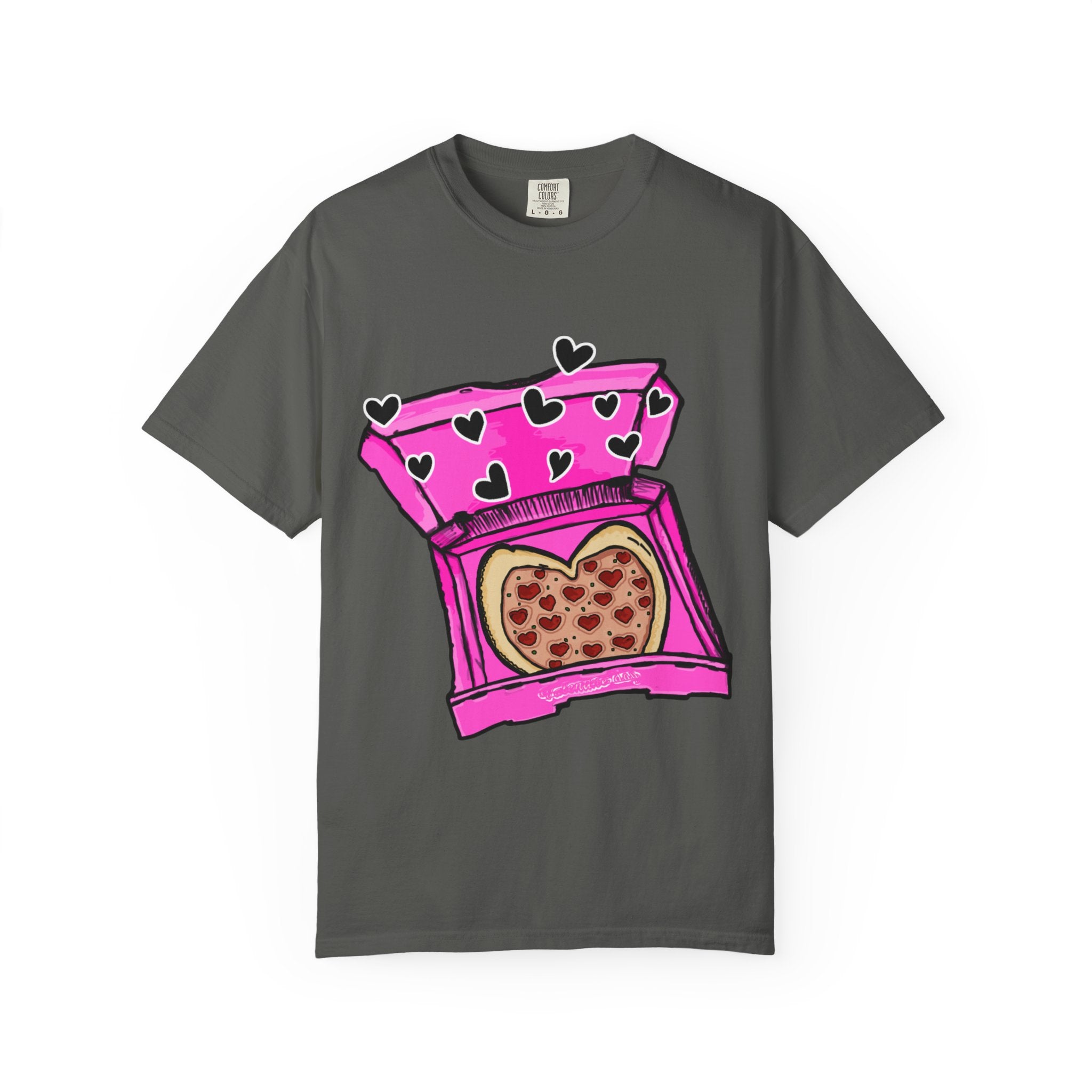 Hand-drawn heart pizza box t-shirt with pink pizza box, heart-shaped pepperoni pizza and floating black hearts on Comfort Color tee from PizzaBytes collection
