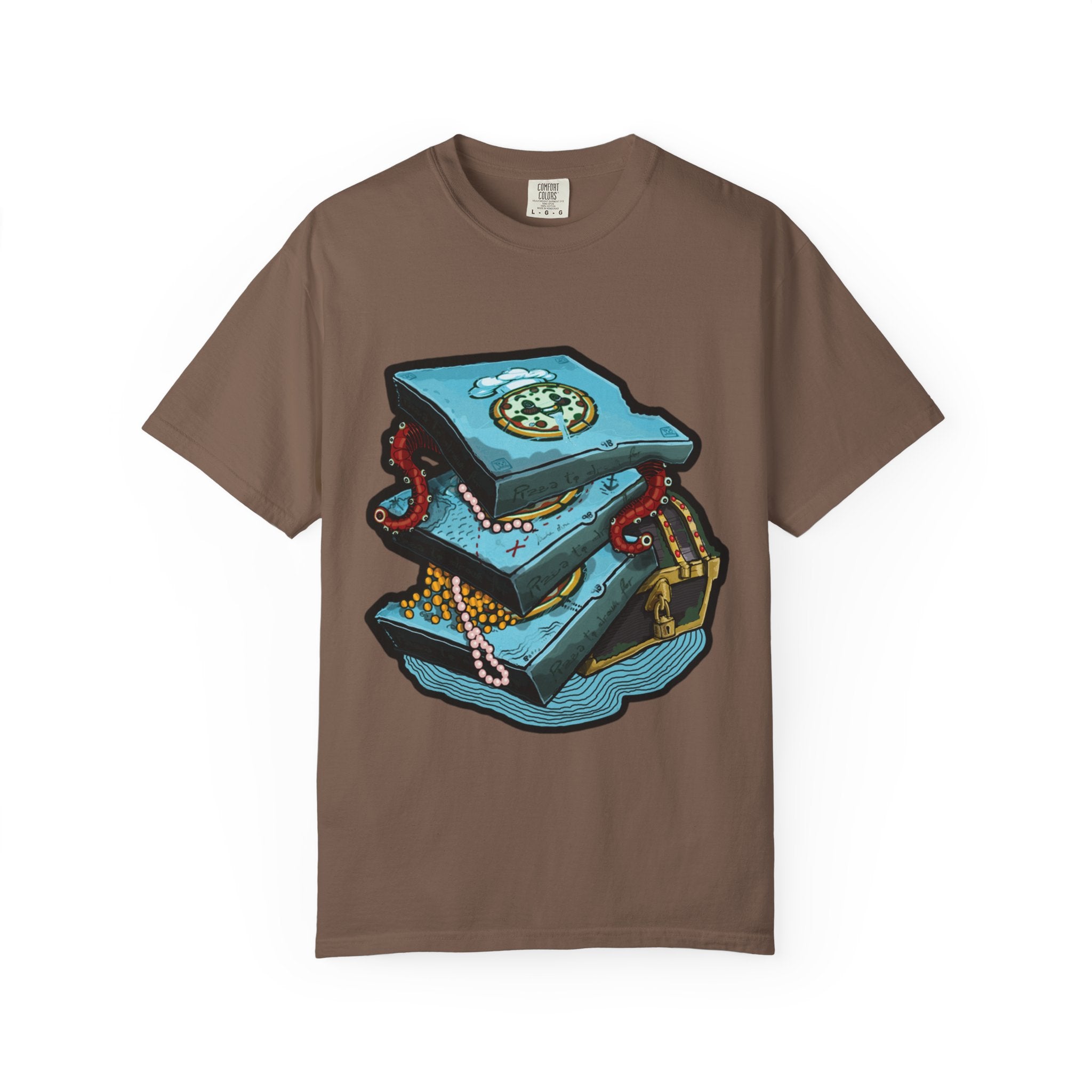 Hand-drawn pizza treasure chest t-shirt with stacked pizza boxes, gold coins, pearls, red octopus tentacles and pirate chest on Comfort Colors tee from PizzaBytes collection