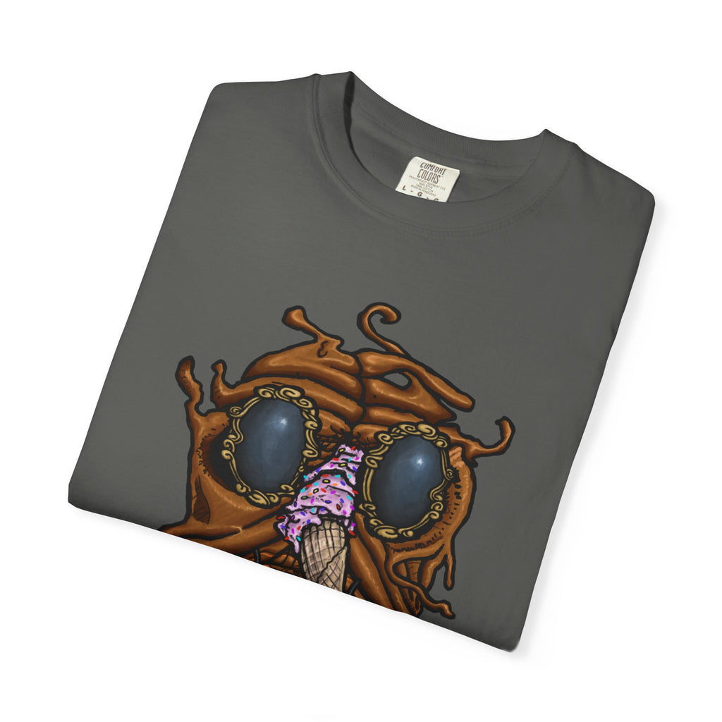 Freaky Features Sandi t-shirt, front shows melting chocolate monster head with ice cream cone nose, back shows open pizza box with donut inside

