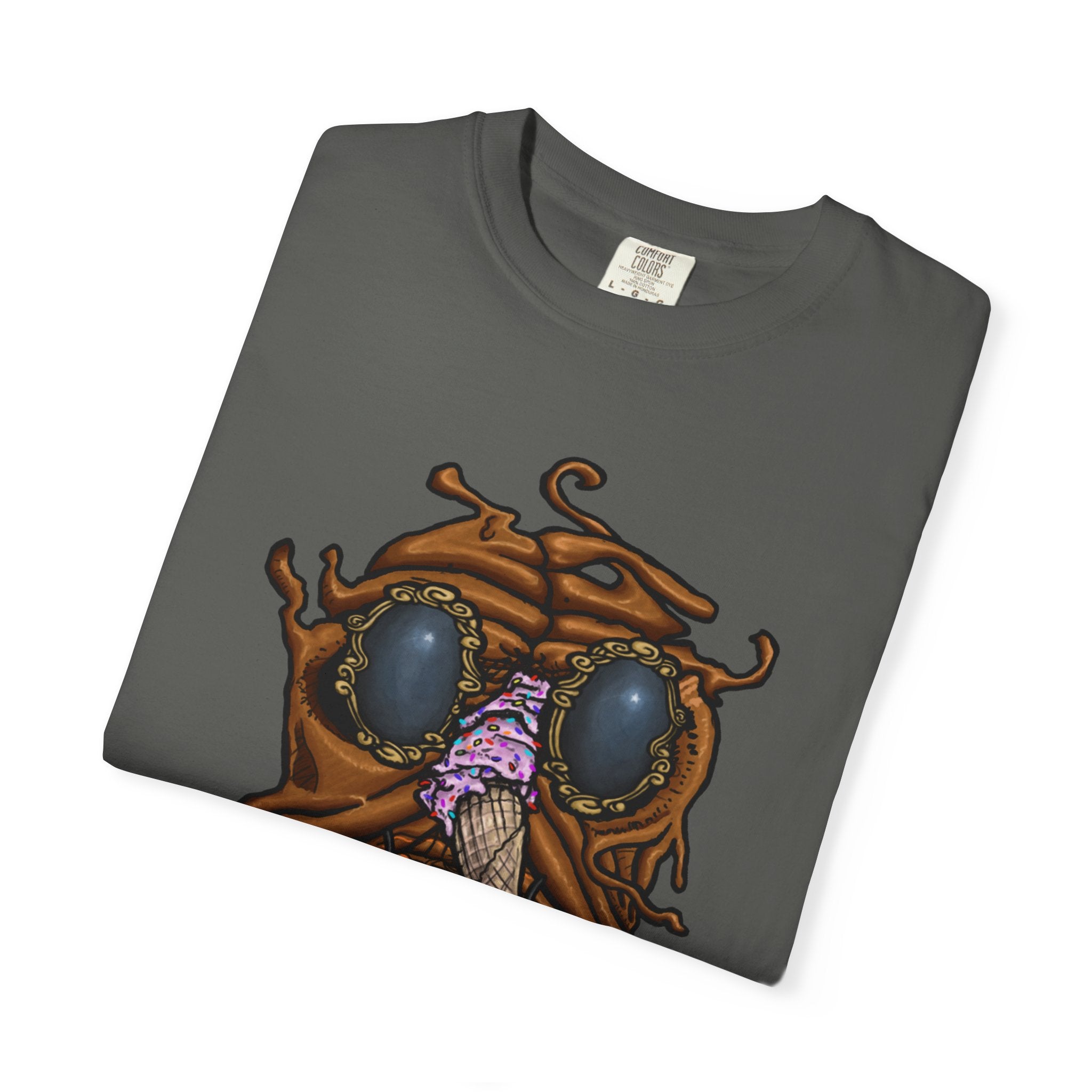 Freaky Features Sandi t-shirt, front shows melting chocolate monster head with ice cream cone nose, back shows open pizza box with donut inside

