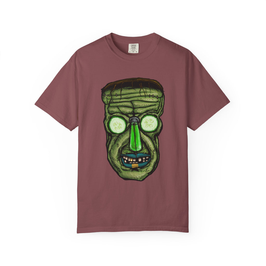 Freaky Features Franky t-shirt, front shows Frankenstein-style monster head with cucumber eyes and poison vial nose, back shows monster-headed pizza box with green pizza frisbee