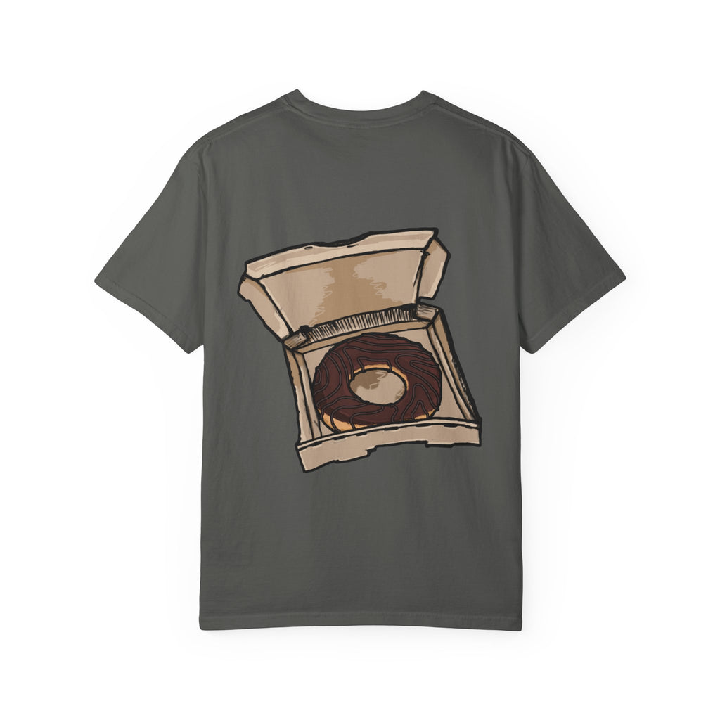 Freaky Features Paranoid Chicken t-shirt, front shows paranoid rooster head, back shows open pizza box with chocolate donut
