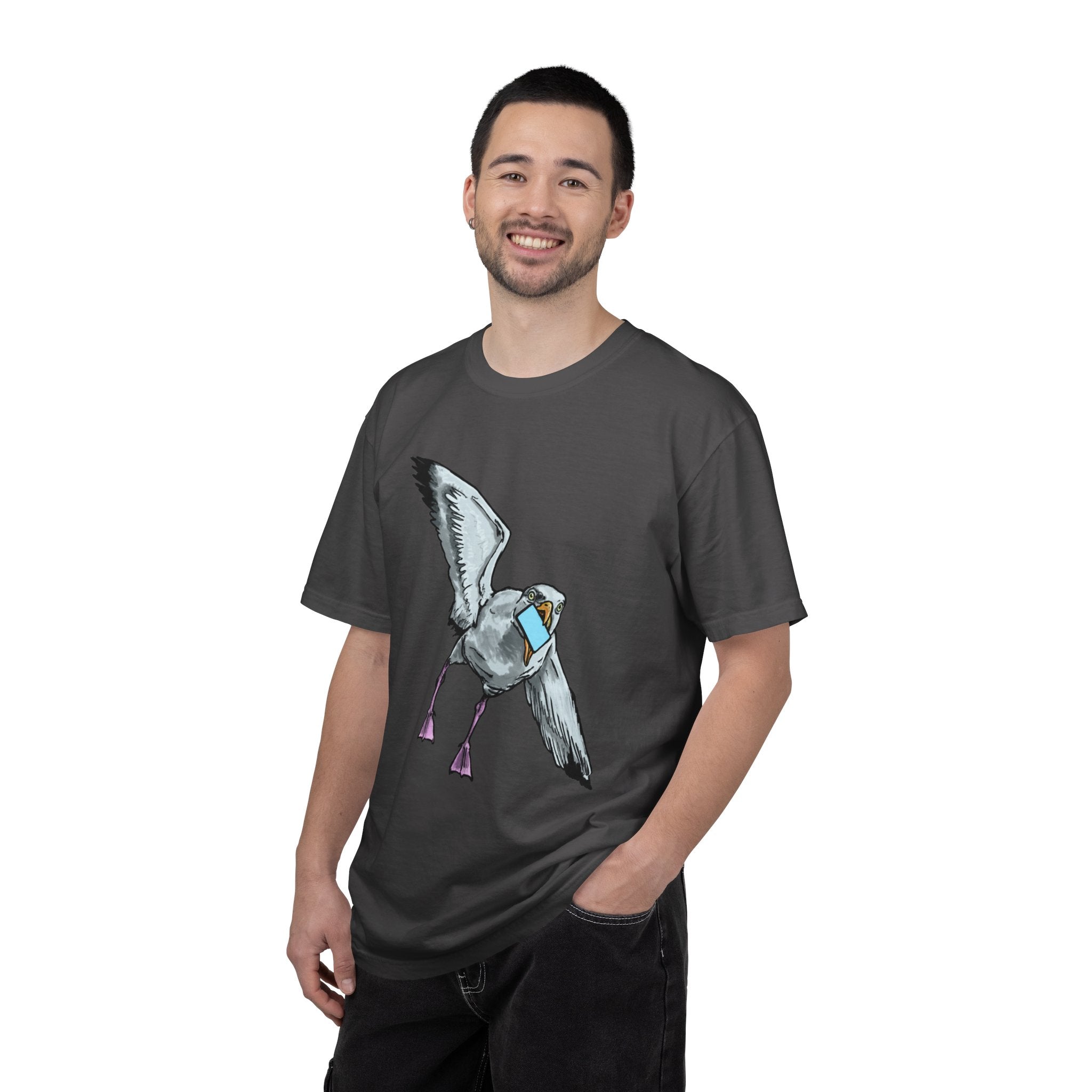 Hand-drawn pizza-stealing seagull monster t-shirt, outstretched wings and purple legs on tee from PizzaBytes collection
