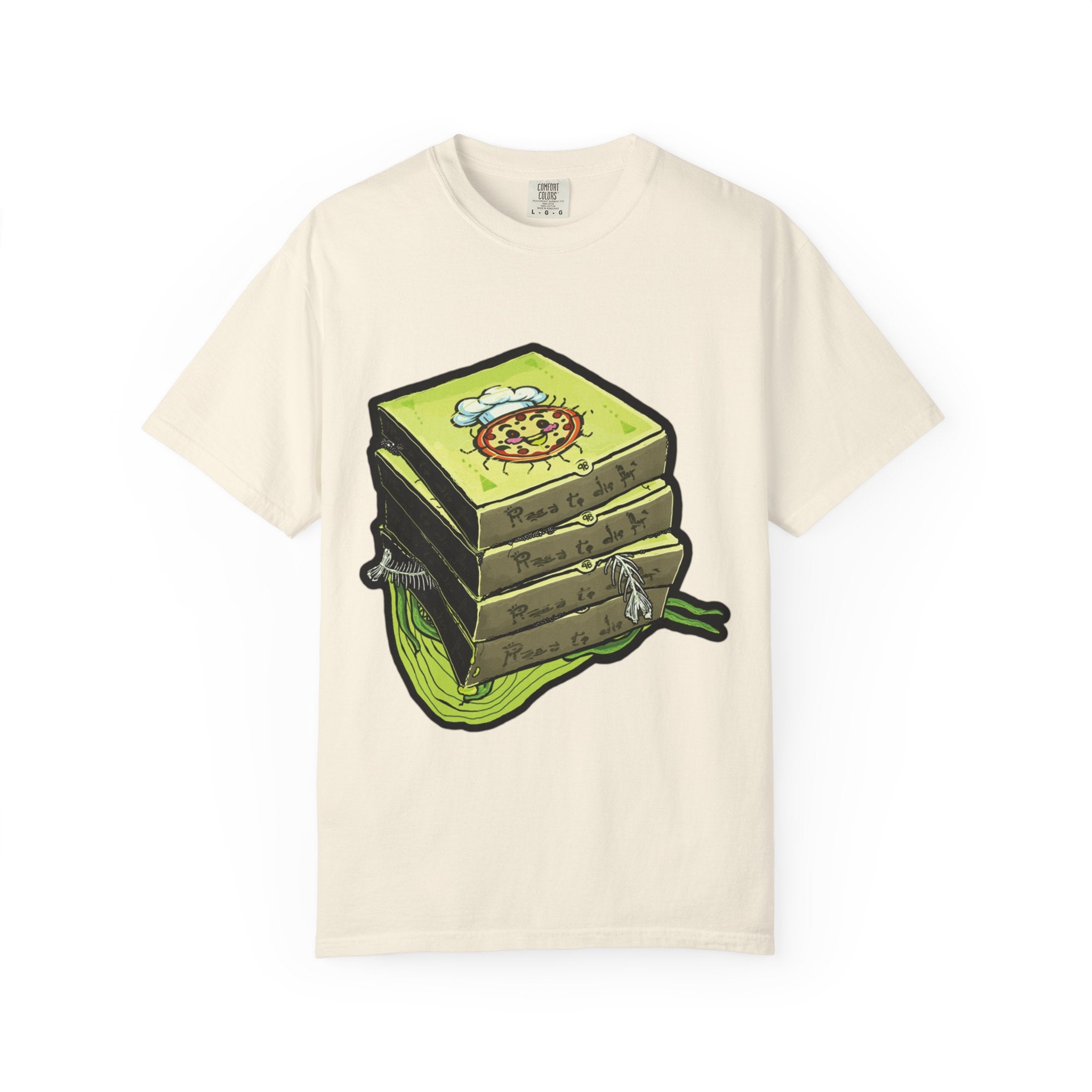 Hand-drawn toxic pizza stack t-shirt with glowing green pizza character and slimy tentacle on tee from PizzaBytes collection