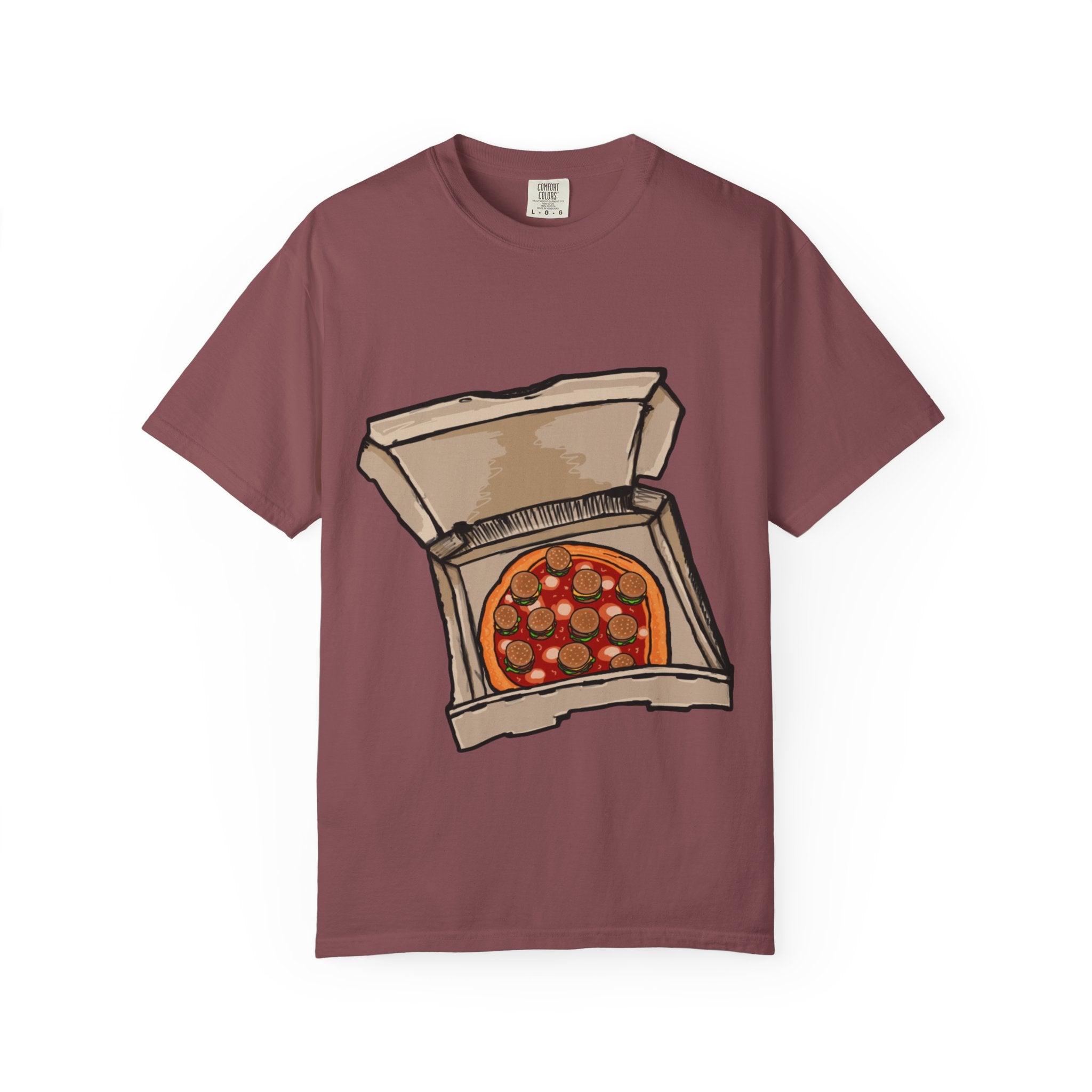 Hand-drawn burger pizza box t-shirt showing open pizza box with pepperoni pizza topped with mini cheeseburgers on Comfort tee from PizzaBytes collection