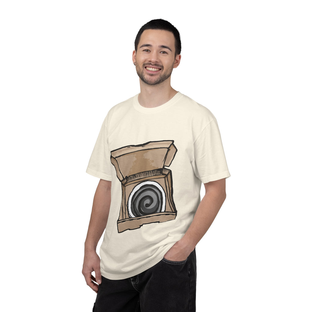 Hand-drawn swirl hypno pizza box t-shirt showing open pizza box with hypnotic spiral pattern from PizzaBytes collection
