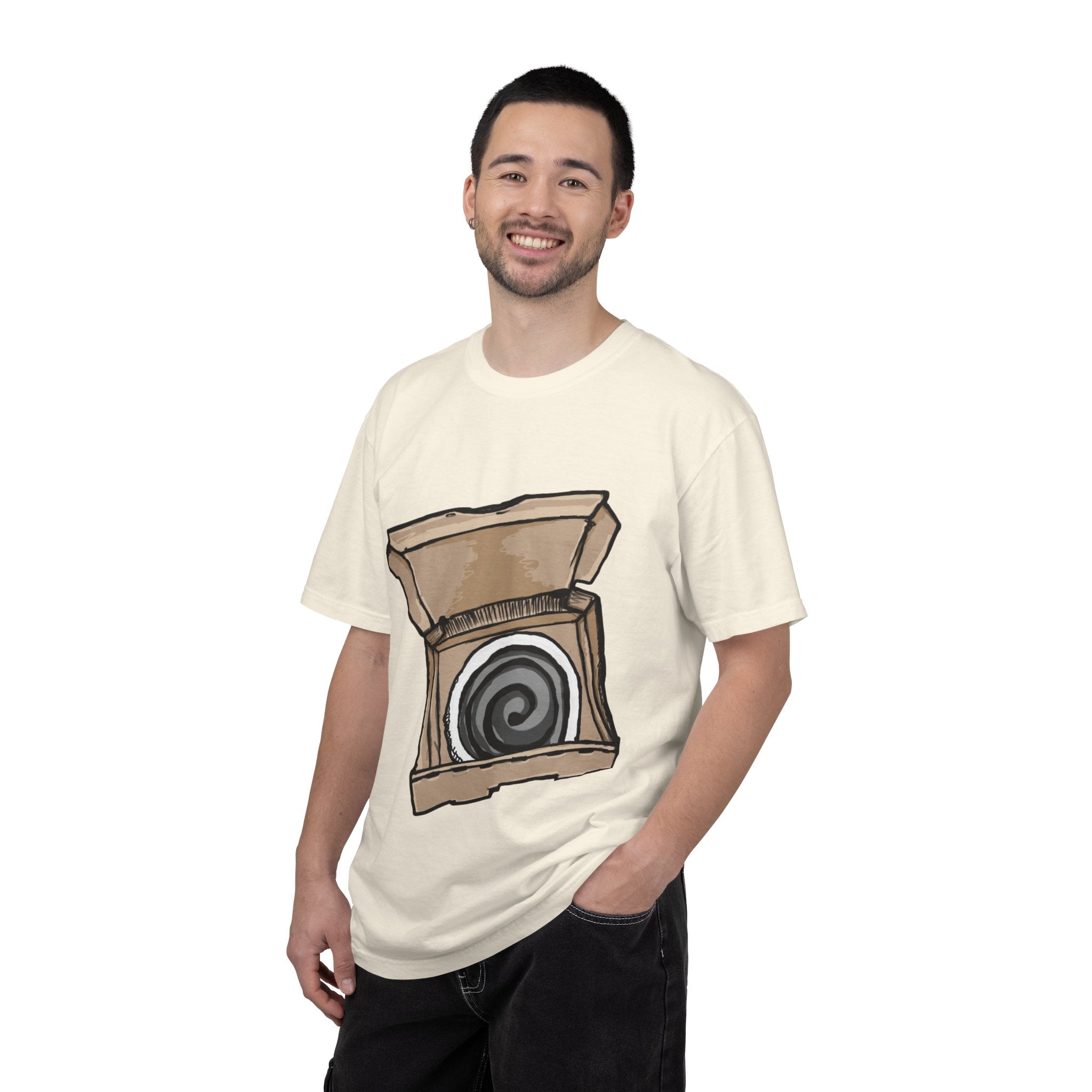 Hand-drawn swirl hypno pizza box t-shirt showing open pizza box with hypnotic spiral pattern from PizzaBytes collection
