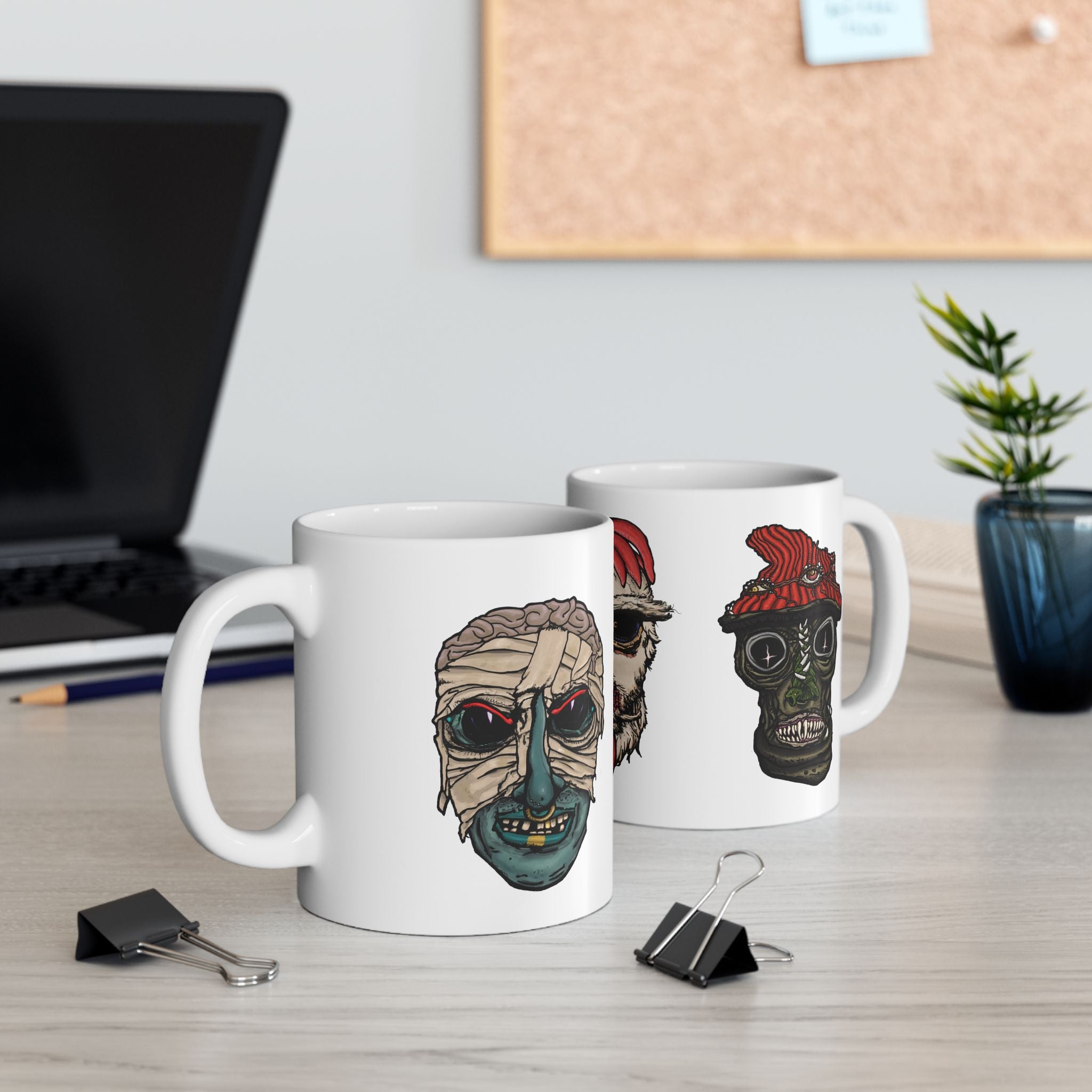 Freaky Features Mummy Chicken Mushroom mug showing three monster designs: bandaged mummy with exposed brain, paranoid rooster with sunglasses, and multi-eyed mushroom skull on white ceramic mug
