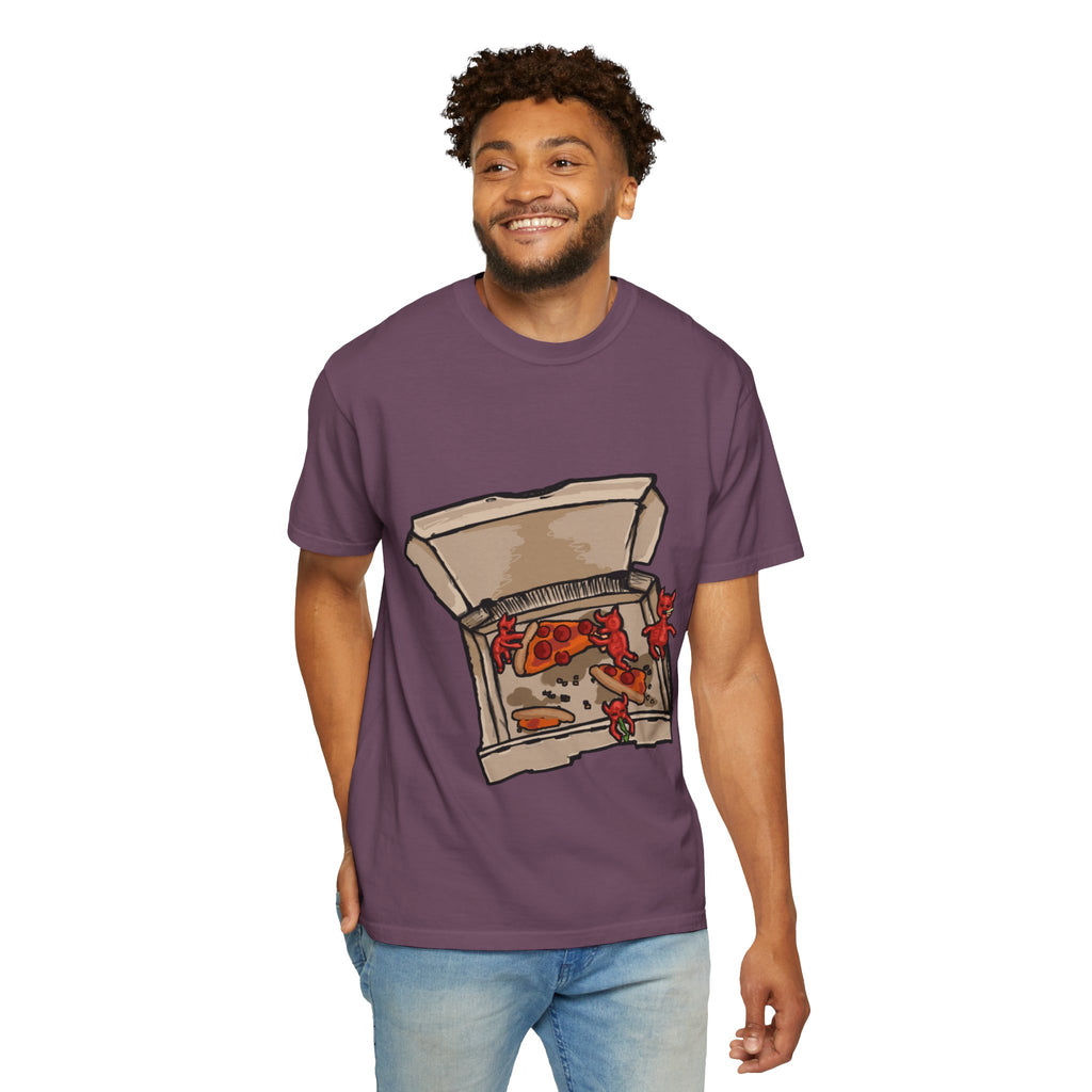Hand-drawn little devils pizza box t-shirt showing open pizza box with cute red devils eating and stealing pepperoni pizza slices from PizzaBytes collection

