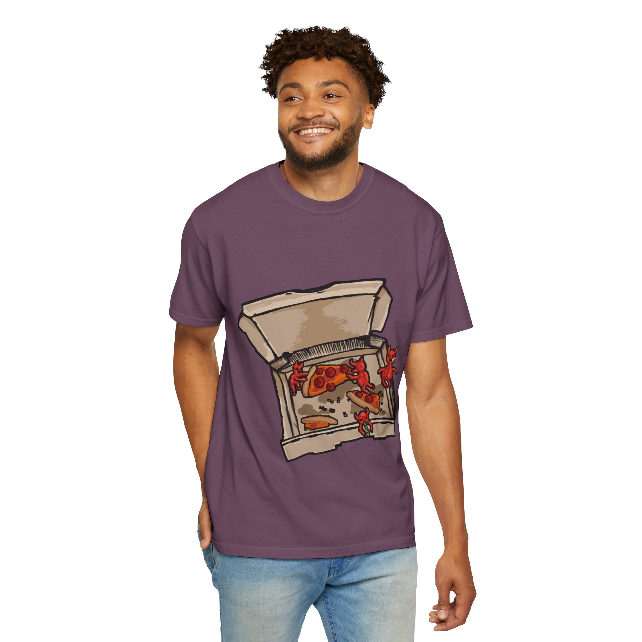 Hand-drawn little devils pizza box t-shirt showing open pizza box with cute red devils eating and stealing pepperoni pizza slices from PizzaBytes collection

