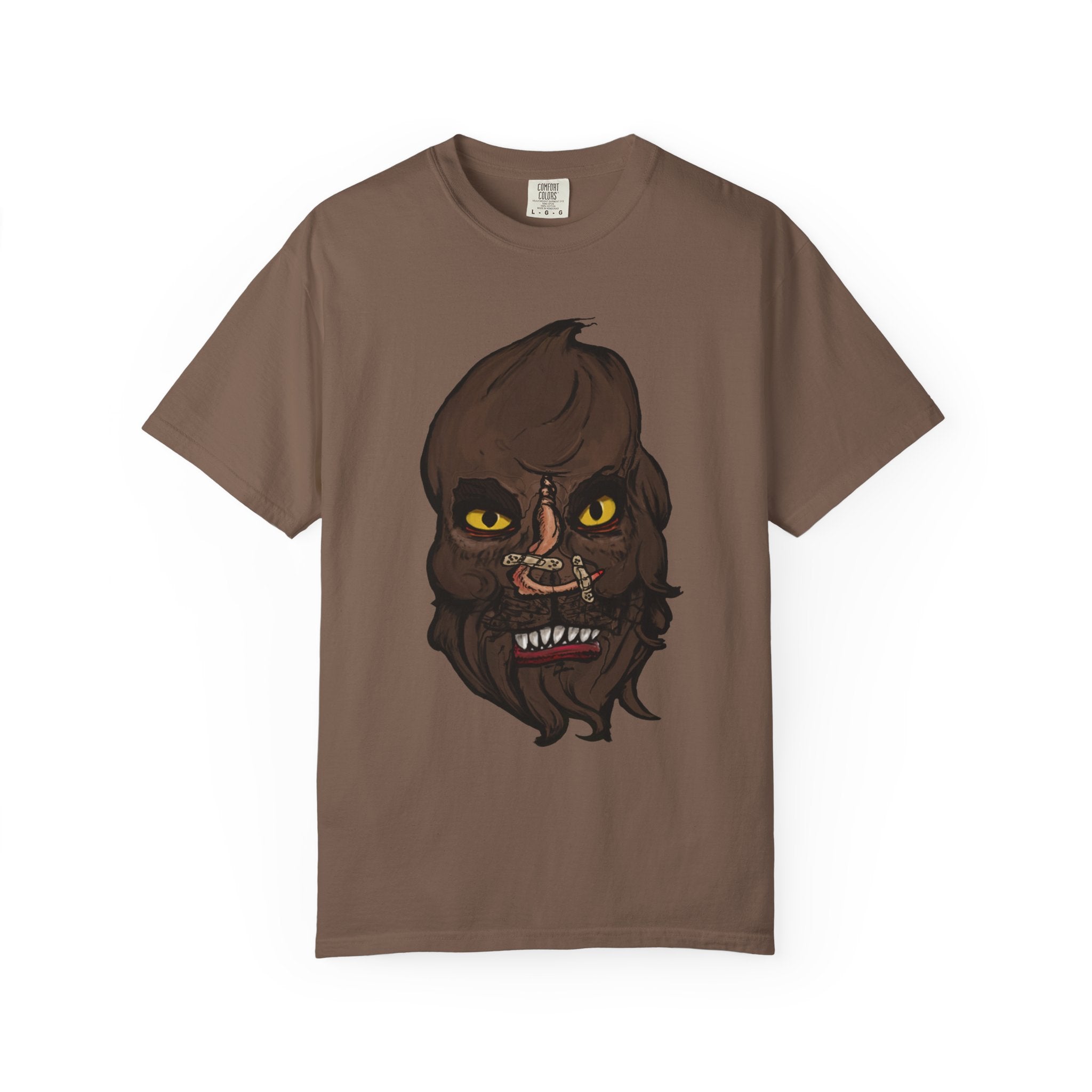 Freaky Features Werewolf t-shirt, front shows werewolf head with glowing yellow eyes and bandaged nose, back shows open pizza box with pepperoni pizza topped with mini cheeseburgers
