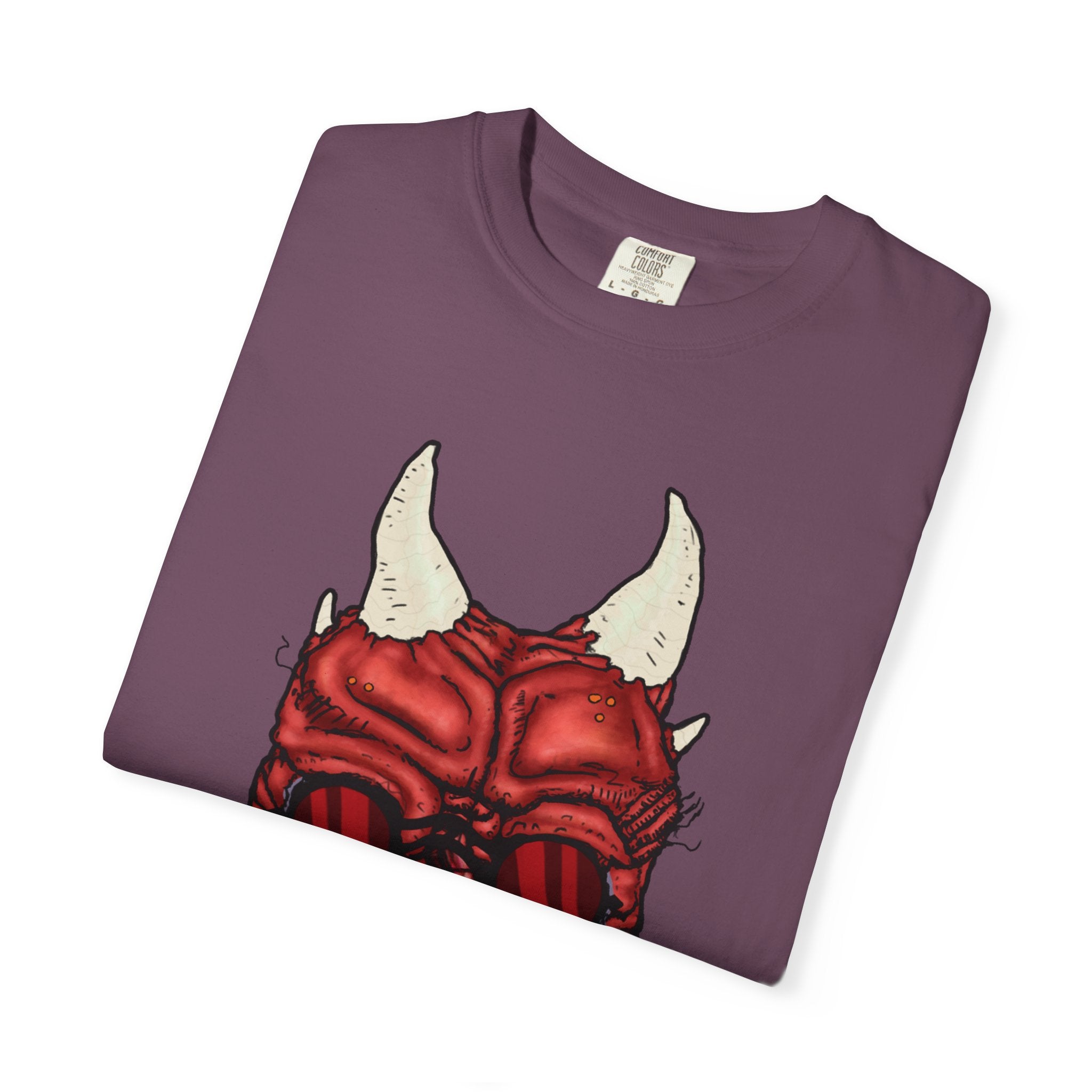 Freaky Features Demon t-shirt, front shows red demon head with horns and glowing eyes, back shows open pizza box being raided by little red devils
