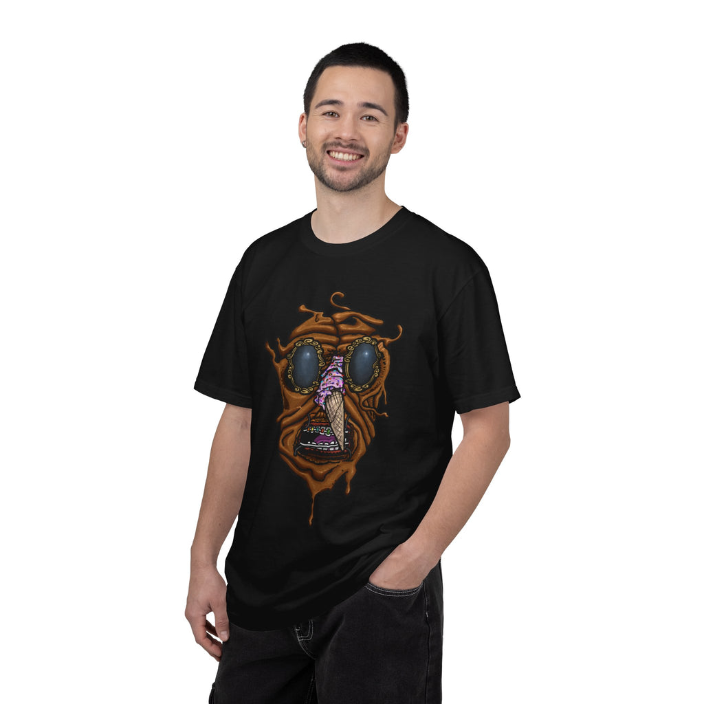 Freaky Features Sandi t-shirt, front shows melting chocolate monster head with ice cream cone nose, back shows open pizza box with donut inside

