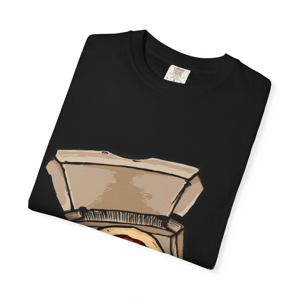 Hand-drawn mozzarella pizza box t-shirt showing open pizza box with red sauce and mozzarella cheese from PizzaBytes collection

