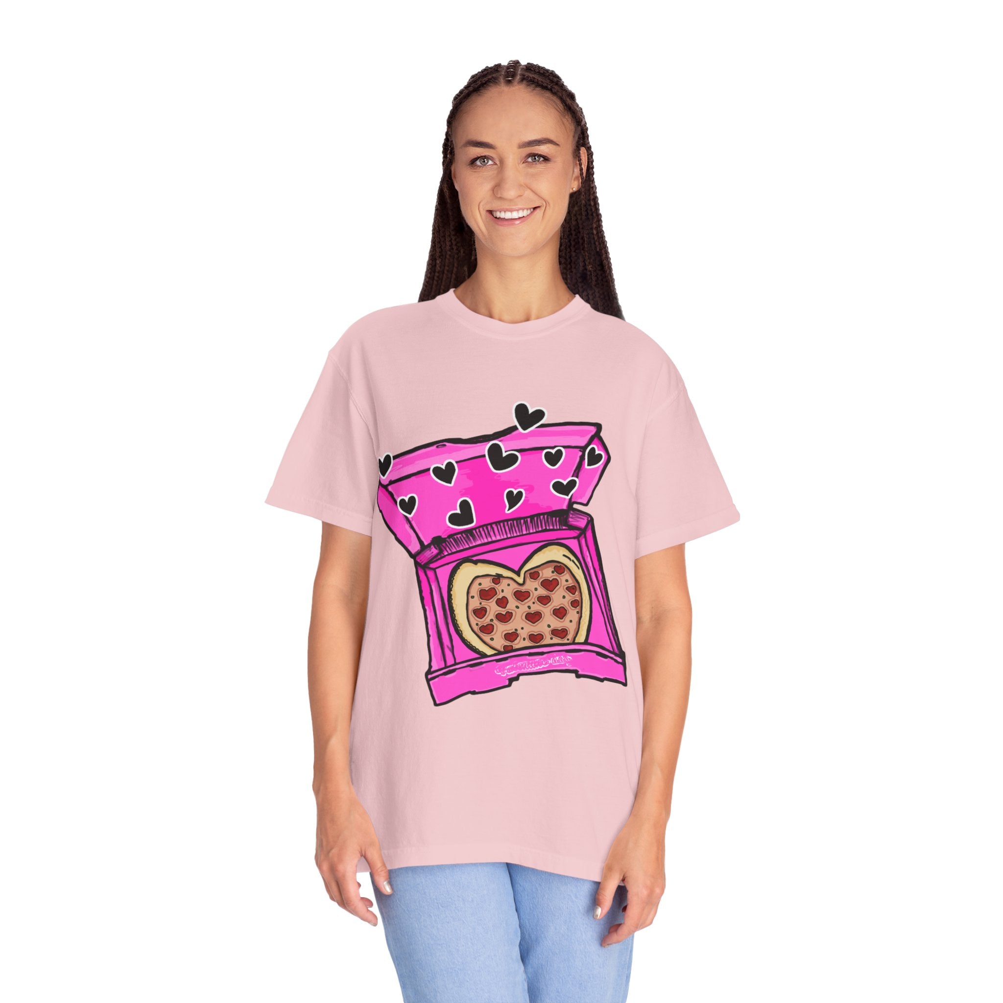 Hand-drawn heart pizza box t-shirt with pink pizza box, heart-shaped pepperoni pizza and floating black hearts on Comfort Color tee from PizzaBytes collection
