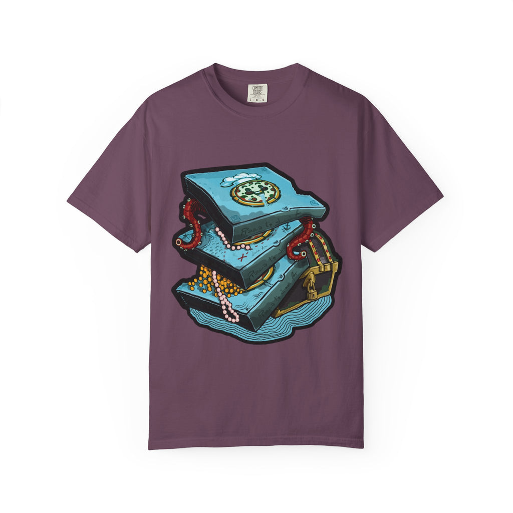 Hand-drawn pizza treasure chest t-shirt with stacked pizza boxes, gold coins, pearls, red octopus tentacles and pirate chest on Comfort Colors tee from PizzaBytes collection