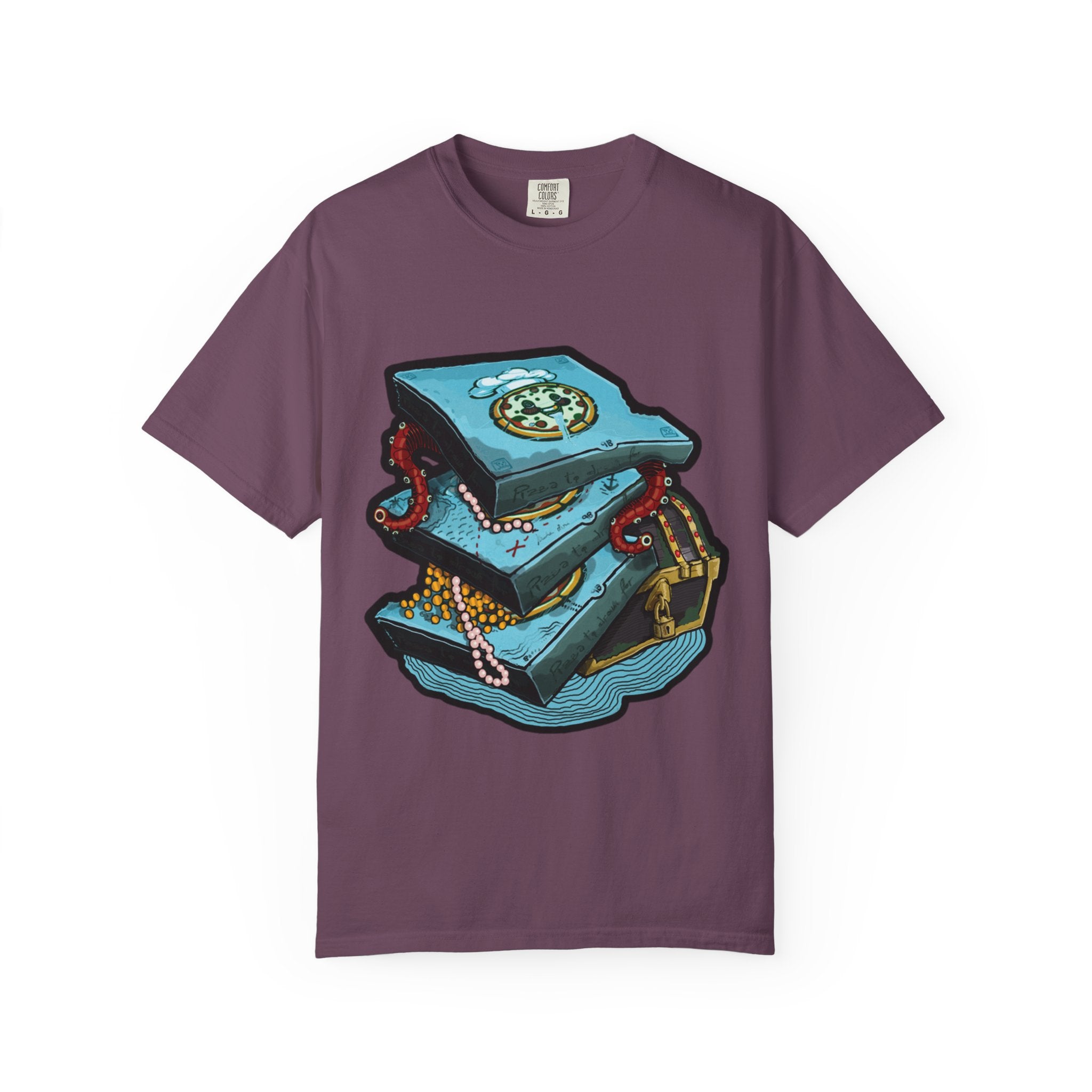Hand-drawn pizza treasure chest t-shirt with stacked pizza boxes, gold coins, pearls, red octopus tentacles and pirate chest on Comfort Colors tee from PizzaBytes collection