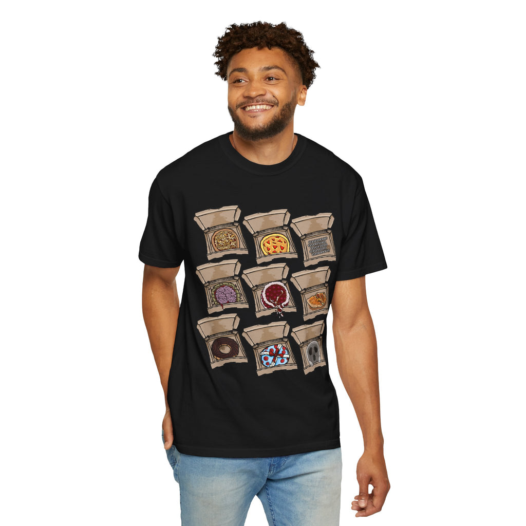 Hand-drawn PizzaBytes Set #1 t-shirt showing a 3x3 grid of open pizza boxes with brain pizza, ghost pizza, donut, binary code and more weird designs from PizzaBytes collection

