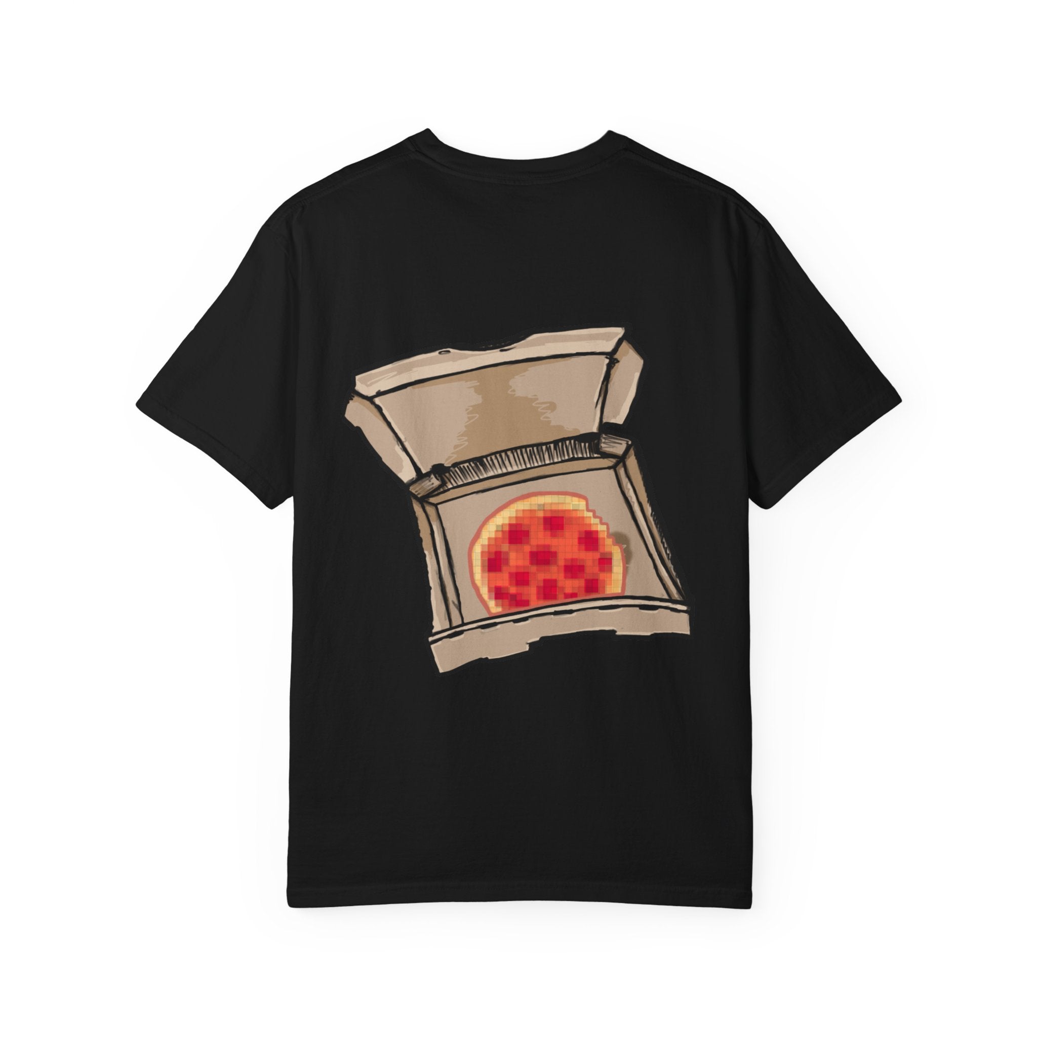 Freaky Features Robo Bobo t-shirt, front shows cybernetic robot skull with exposed brain and glowing eyes, back shows open pizza box with 8-bit pixel pepperoni pizza

