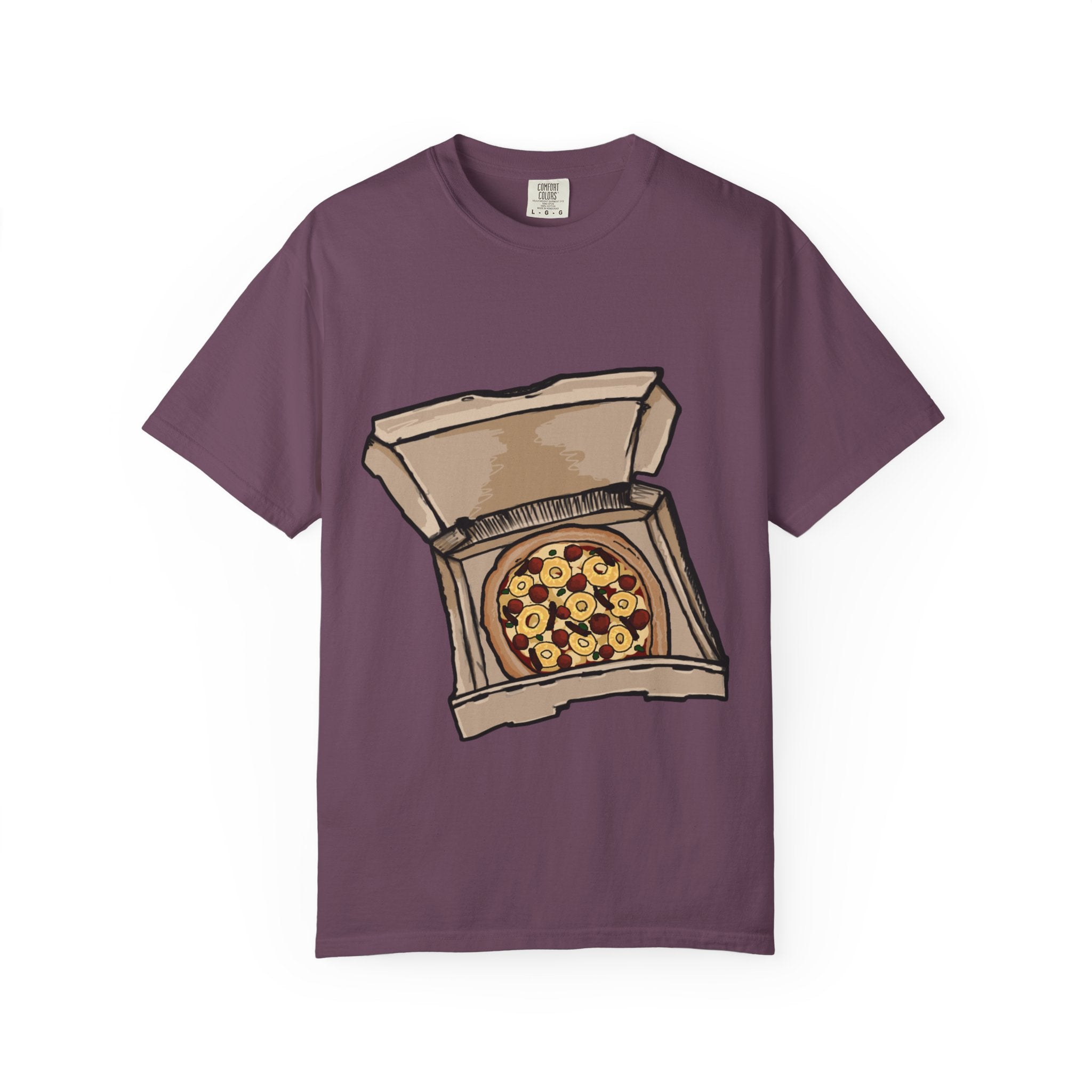 Hand-drawn pepperoni bacon pineapple pizza box t-shirt showing open pizza box with pepperoni, bacon and pineapple pizza from PizzaBytes collection


