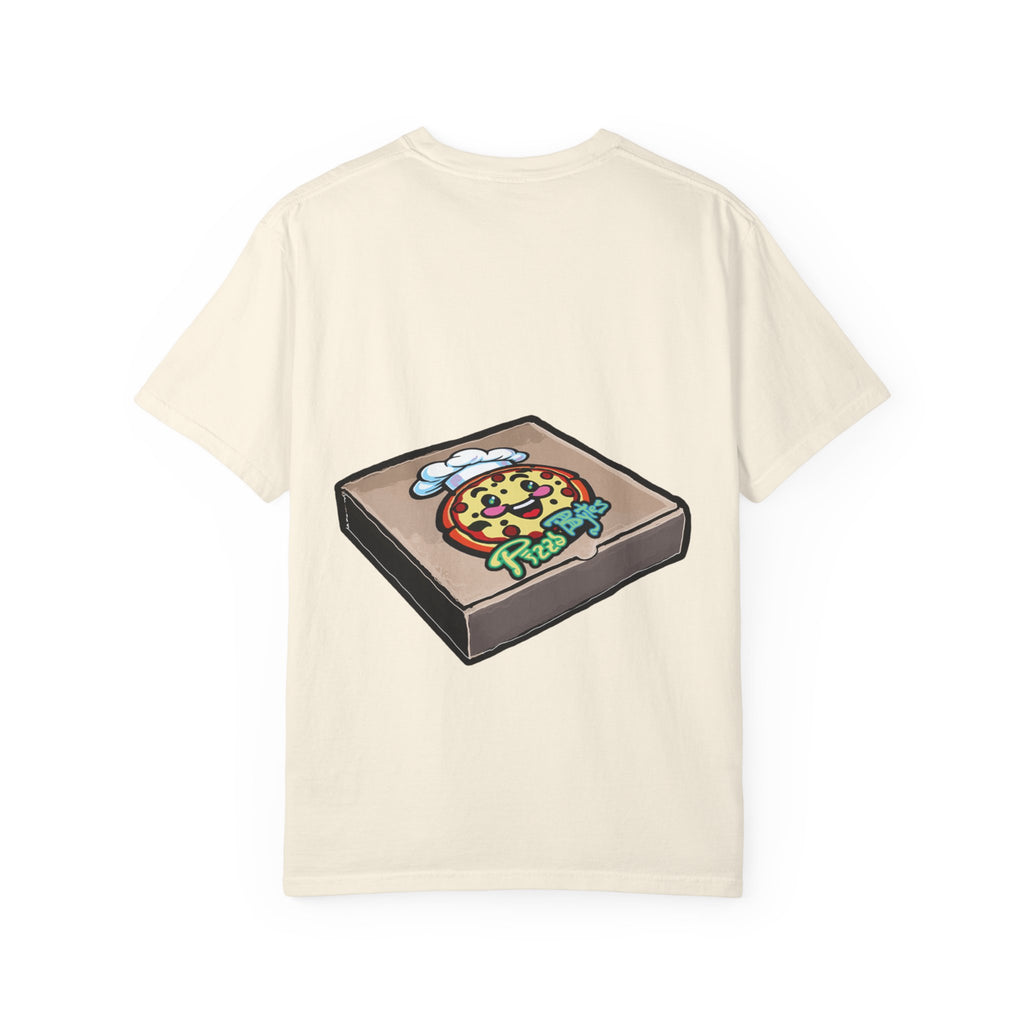 Hand-drawn frisbee pizza box t-shirt showing open pizza box with green frisbee pepperoni pizza from PizzaBytes collection

