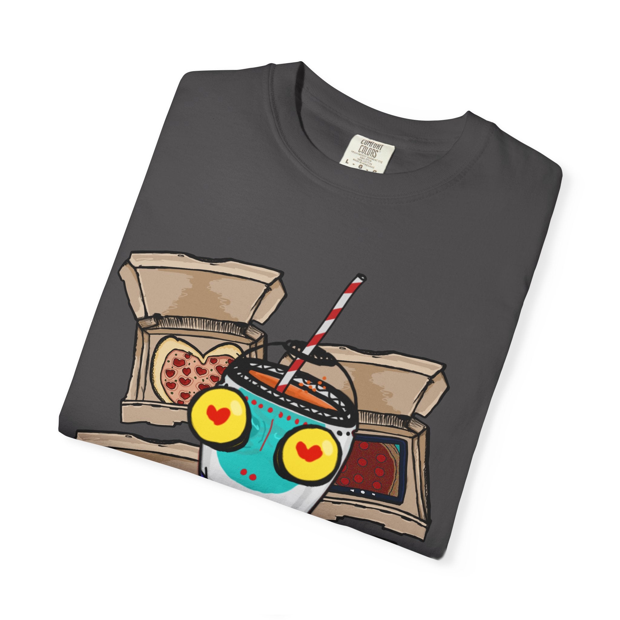 Hand-drawn PizzaBytes Set #4 t-shirt showing a cute blue soda cup monster with heart eyes in front of multiple open pizza boxes from PizzaBytes collection

