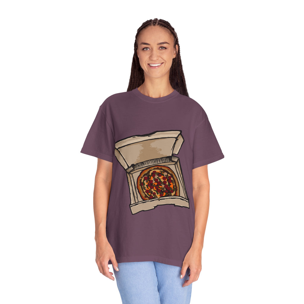 Hand-drawn pepperoni green pepper mushroom pizza box t-shirt showing open pizza box with pepperoni, green pepper and mushroom pizza from PizzaBytes collection

