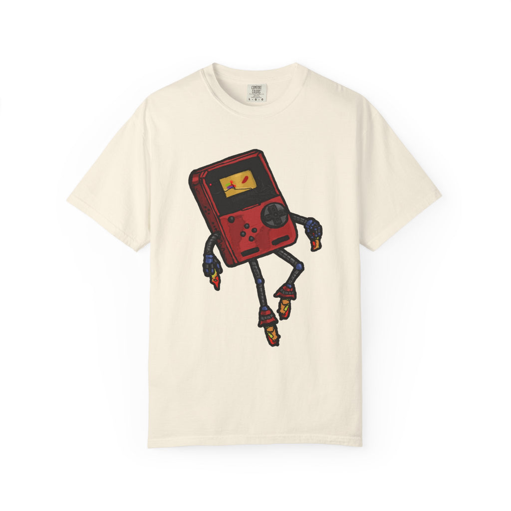 GamerPal t-shirt from Freaky Features showing a red Game Console turned into a walking pizza monster with mechanical limbs on dark gray tee


