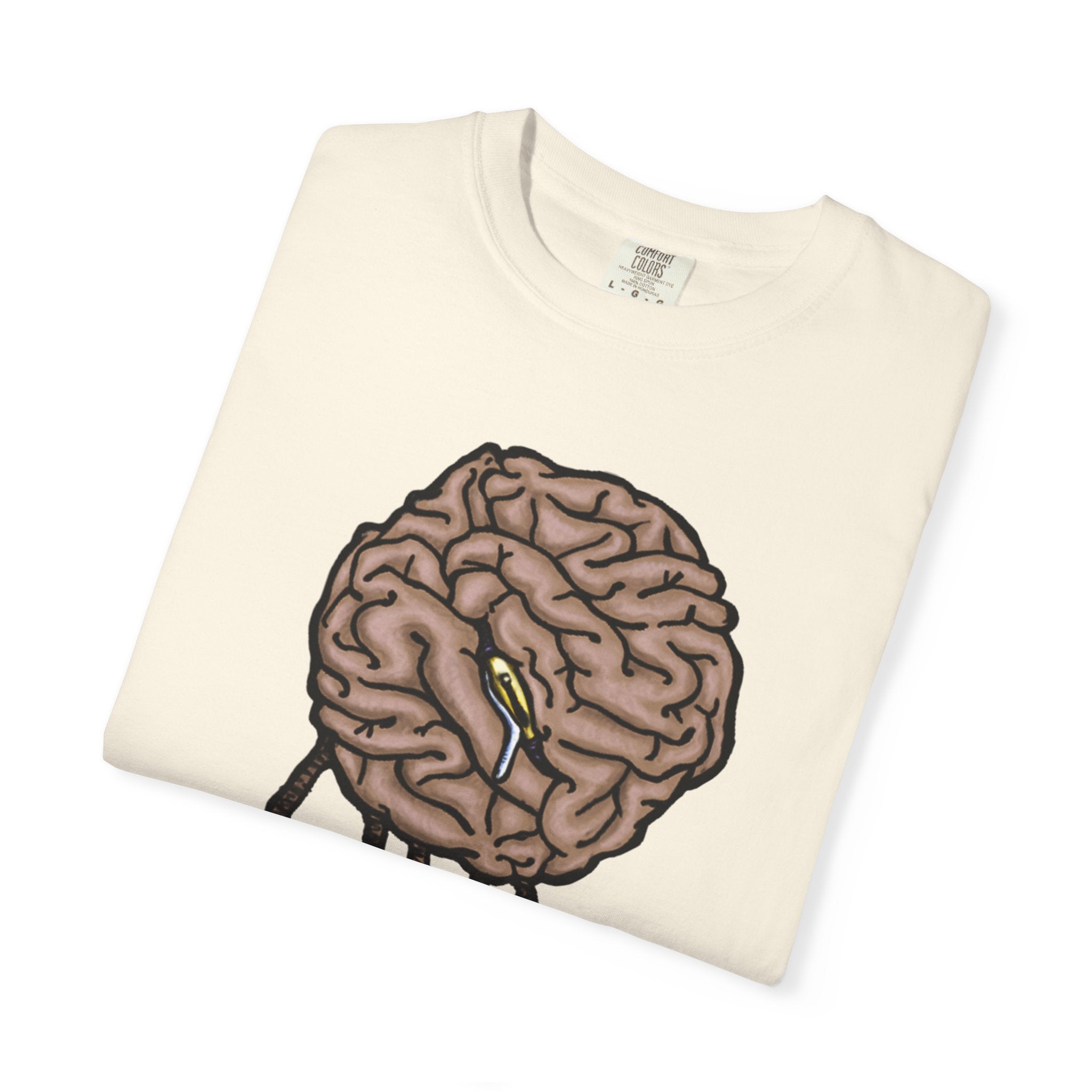 Freaky Features Sad Brian t-shirt, front shows a sad dripping brain monster with tentacles, back shows an open pizza box with half-eaten cake dripping

