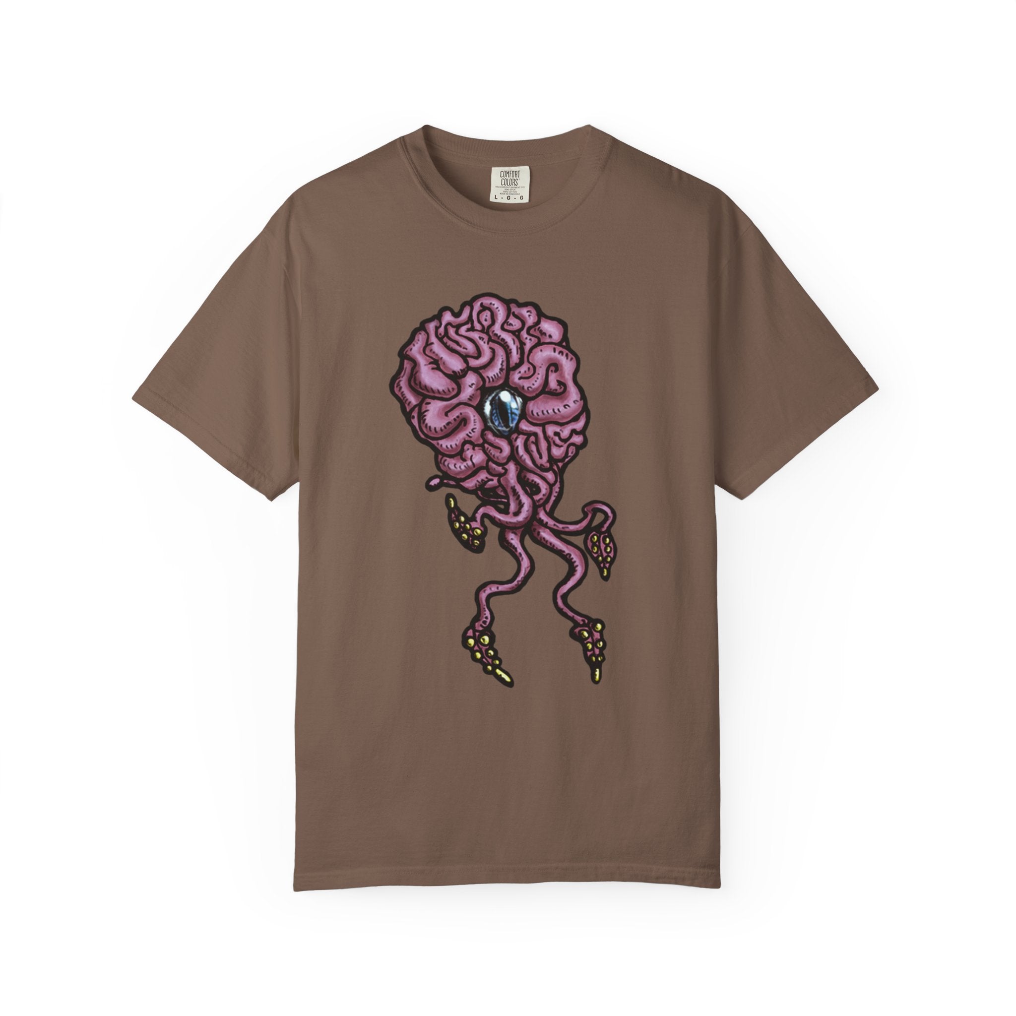 Freaky Features Brian t-shirt, front shows purple brain monster with tentacles, back shows open purple pizza box with a donut inside