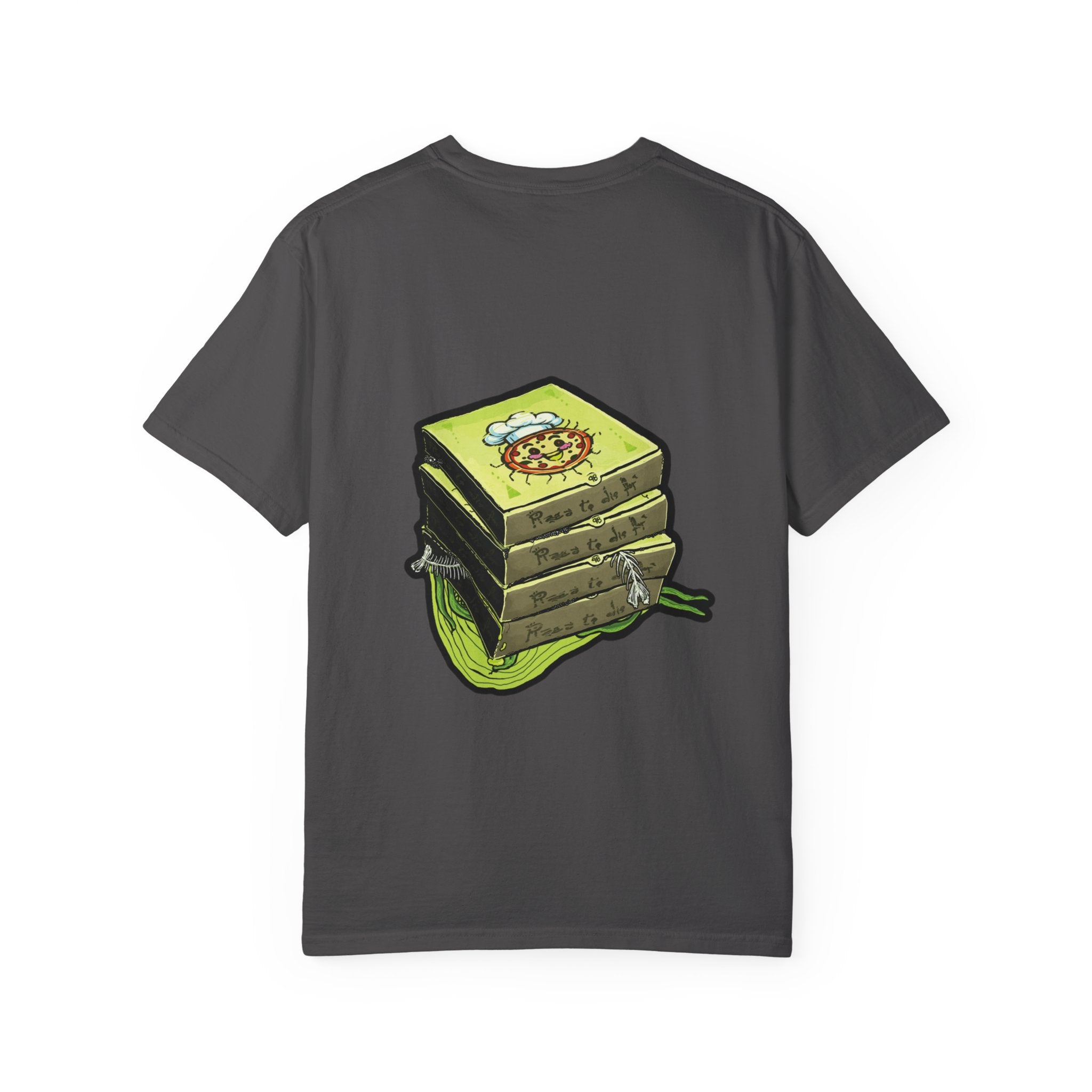 Hand-drawn PizzaBytes Set #2 t-shirt showing a 3x3 grid of open pizza boxes with various weird designs like ice pizza , jelly and bird nest from PizzaBytes collection

